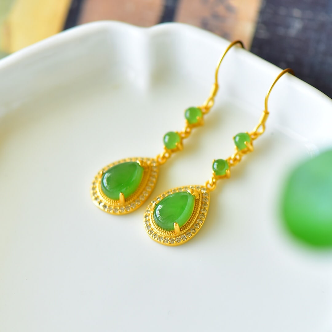 A Pair of Exquisite Sterling Silver-Gold Plated Inlaid Jasper Earrings,Inlaid Diamond (1 of 2)