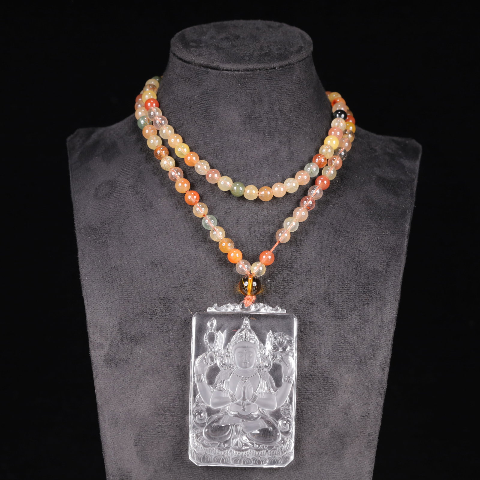 An Exquisite Crystal Four-arms Buddha Statue Pendant: An Exquisite Crystal Four-arms Buddha Statue Pendant,Size:2inx0.4inx3in,Weight:105g 水晶四臂佛挂件
