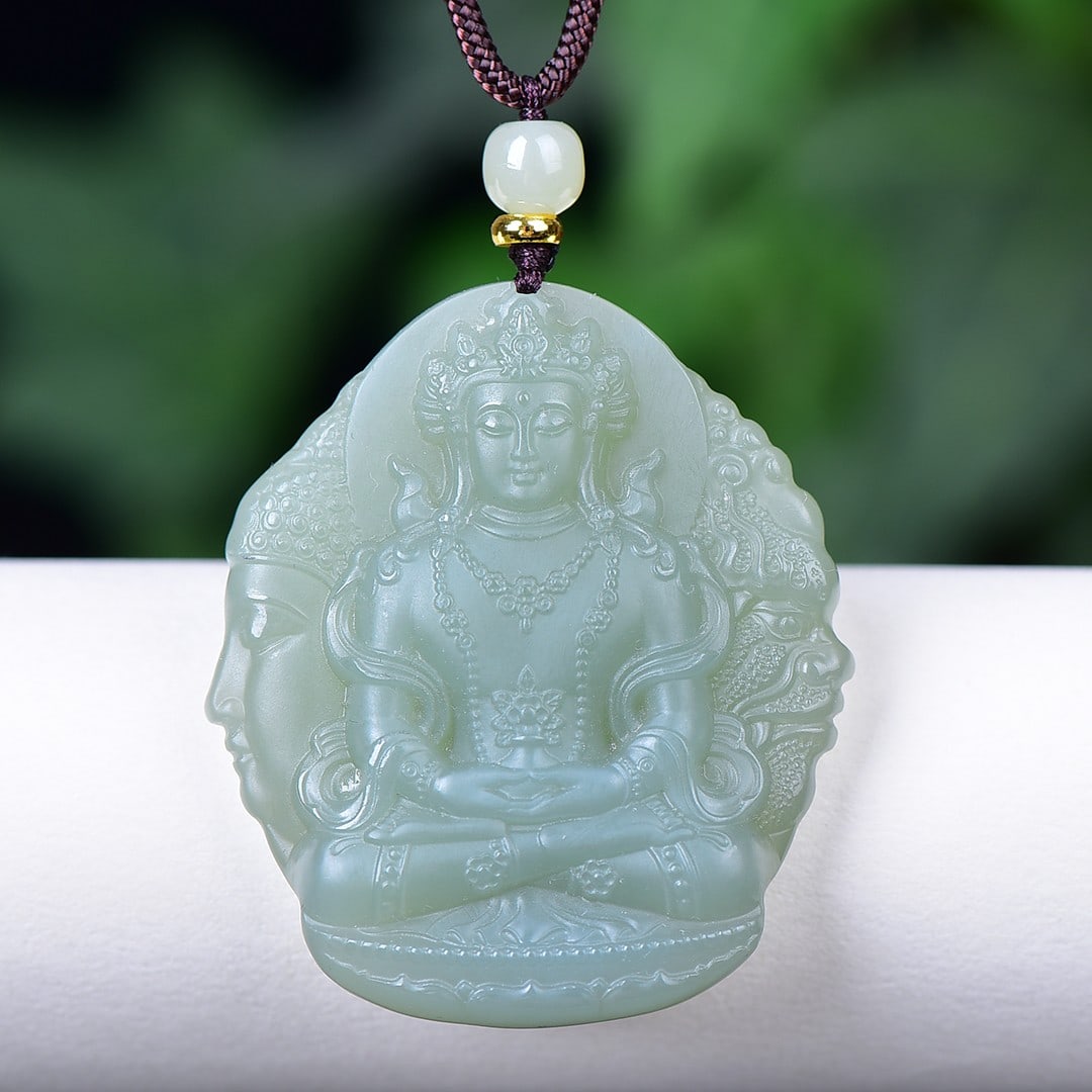 An Exquisite Greenish Jade Buddha Statue Pendant: An Exquisite Greenish Jade Buddha Statue Pendant,Size:1.8inx2in 青玉佛像挂件