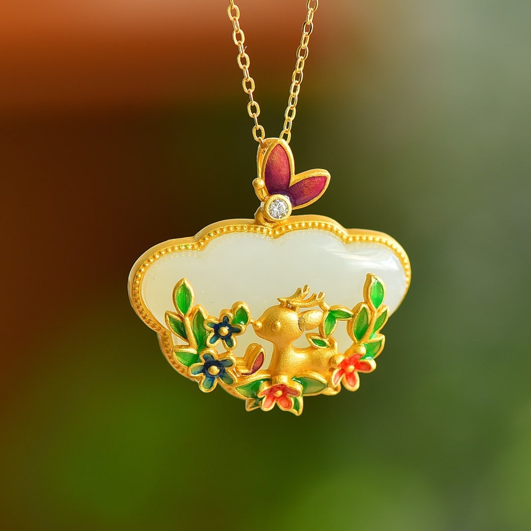 An Exquisite Sterling Silver-Gold Plated Inlaid White Jade Enamel Pendant (1 of 5)