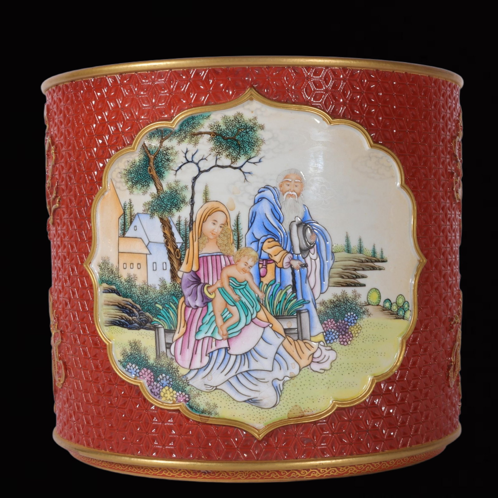 An Exquisite Enamel Iron-Red Painted Gold Character and Story Pattern Brush Pot (1 of 9)