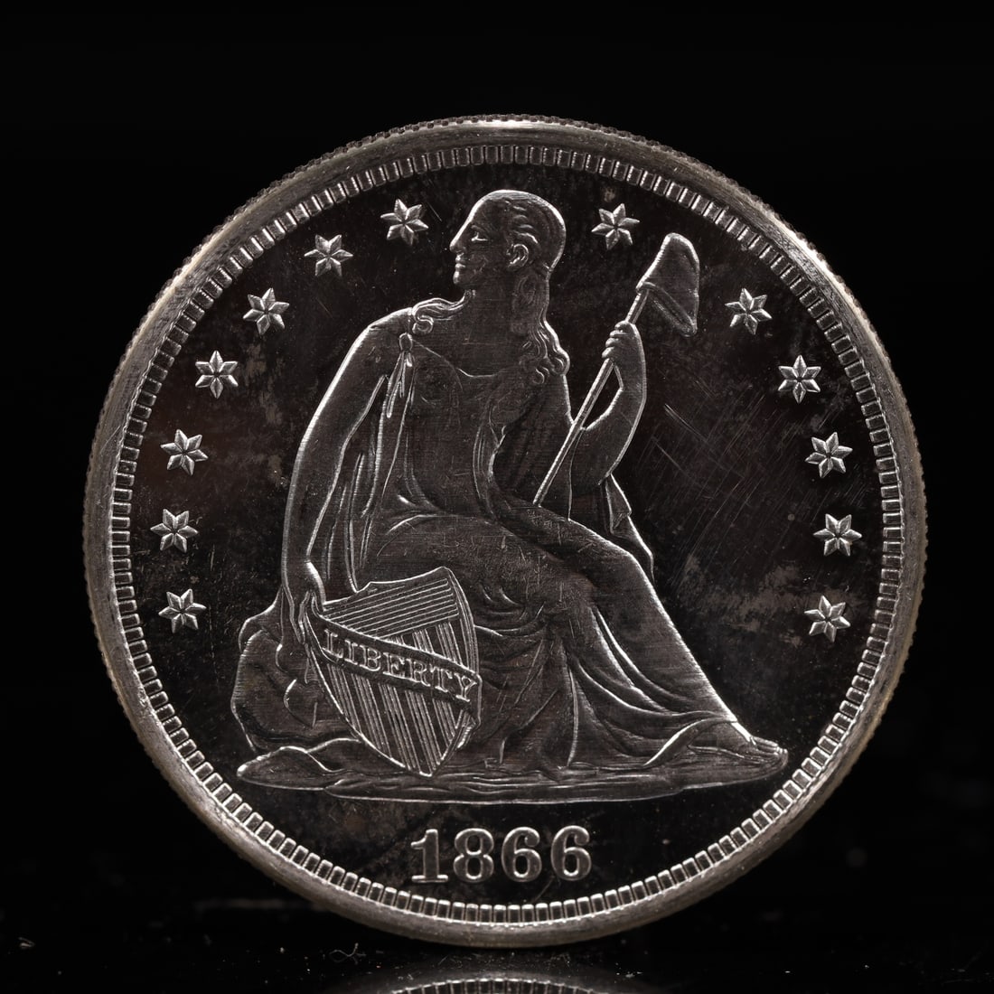 USA One Dollar 1866 Coin: American coin. IN GOD WE TRUST / LIBERTY / 1866 / UNITED STATES OF AMERICA / ONE DOL. Weight:26.9g.