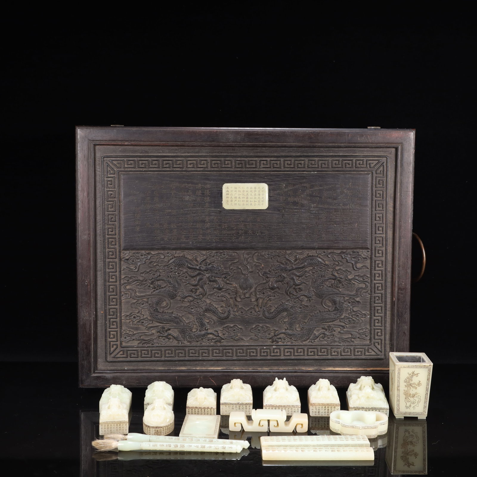 A Set of Fine White Jade Dragon Pattern Ornaments,With Poem: A Set of Fine White Jade Dragon Pattern Ornaments,With Poem,Qing Dynasty, China,Qianlong Four-character Mark,Size:2inx3.3in,(盒子)20.1inx15.7inx7.1in,Weight:2550g 一套白&