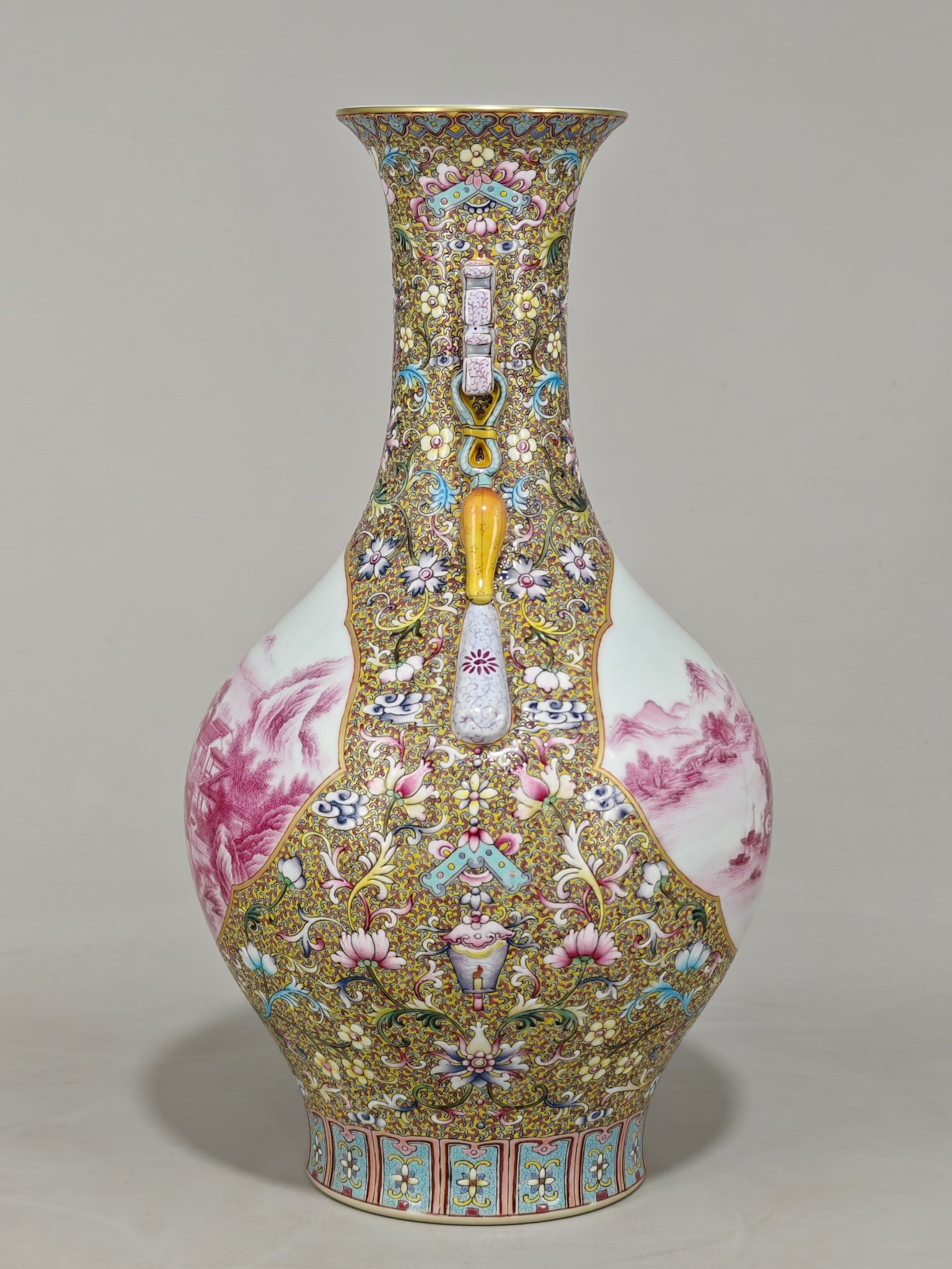 A Rare Enamel Ruby Red-Glazed Landscape Pattern Double-Ears Vase - 2