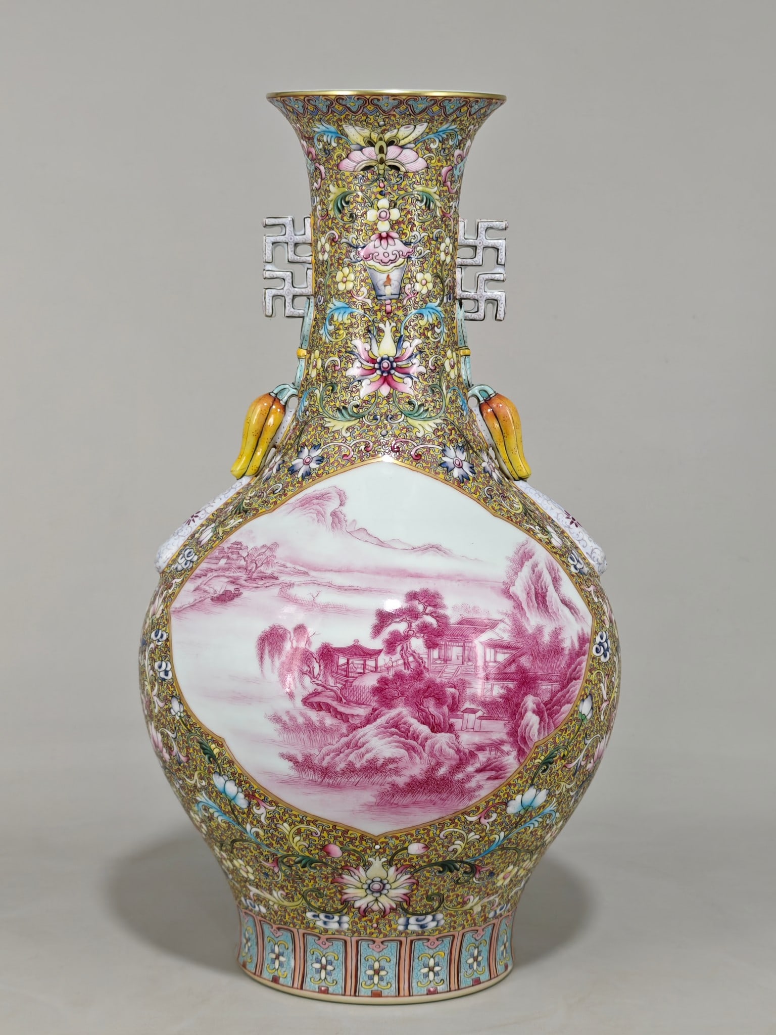 A Rare Enamel Ruby Red-Glazed Landscape Pattern Double-Ears Vase - 3