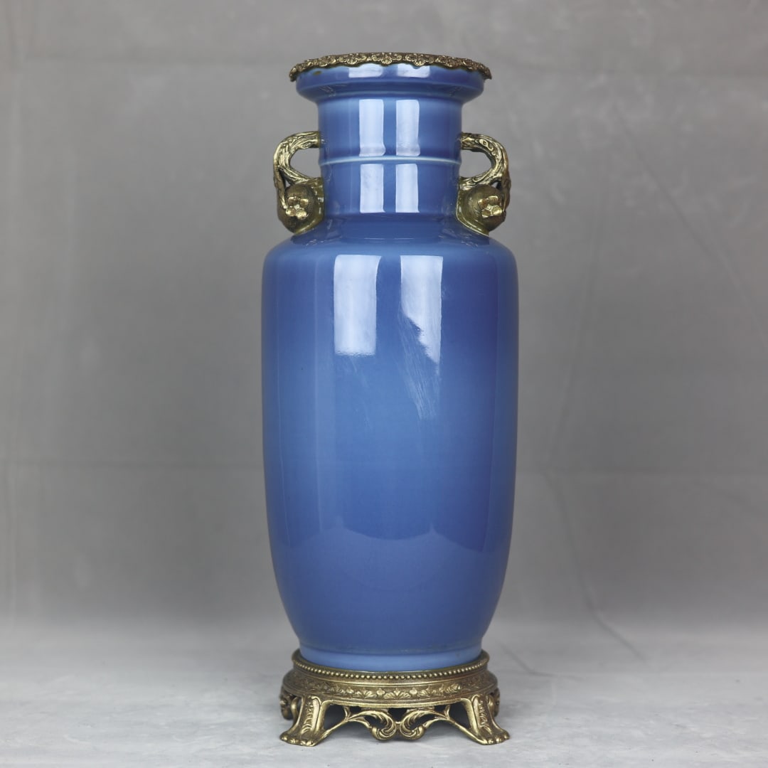 A Huge Ji Blue Glazed Inlaid Bronze Double-Ears Vase: A Huge Ji Blue Glazed Inlaid Bronze Double-Ears Vase,Qing Dynasty,China,Size:17.3inx6.7in 霁蓝釉镶铜双耳瓶,中国清代