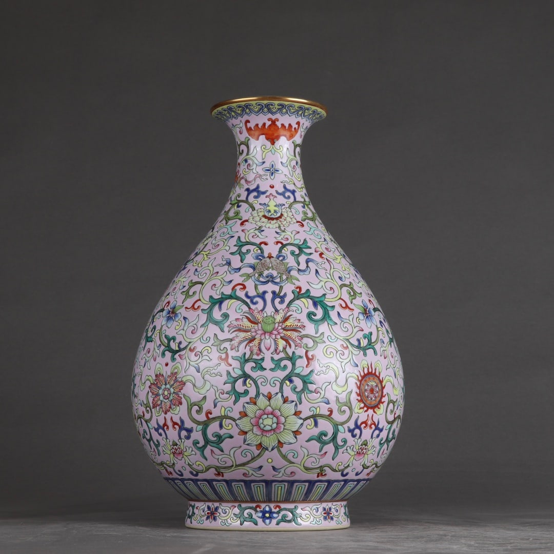 A Rare Enamel Lotus Pattern Vase: A Rare Enamel Lotus Pattern Vase,Qing Dynasty,China,Qianlong Six-character Mark,Size:11.5inx7.5in 