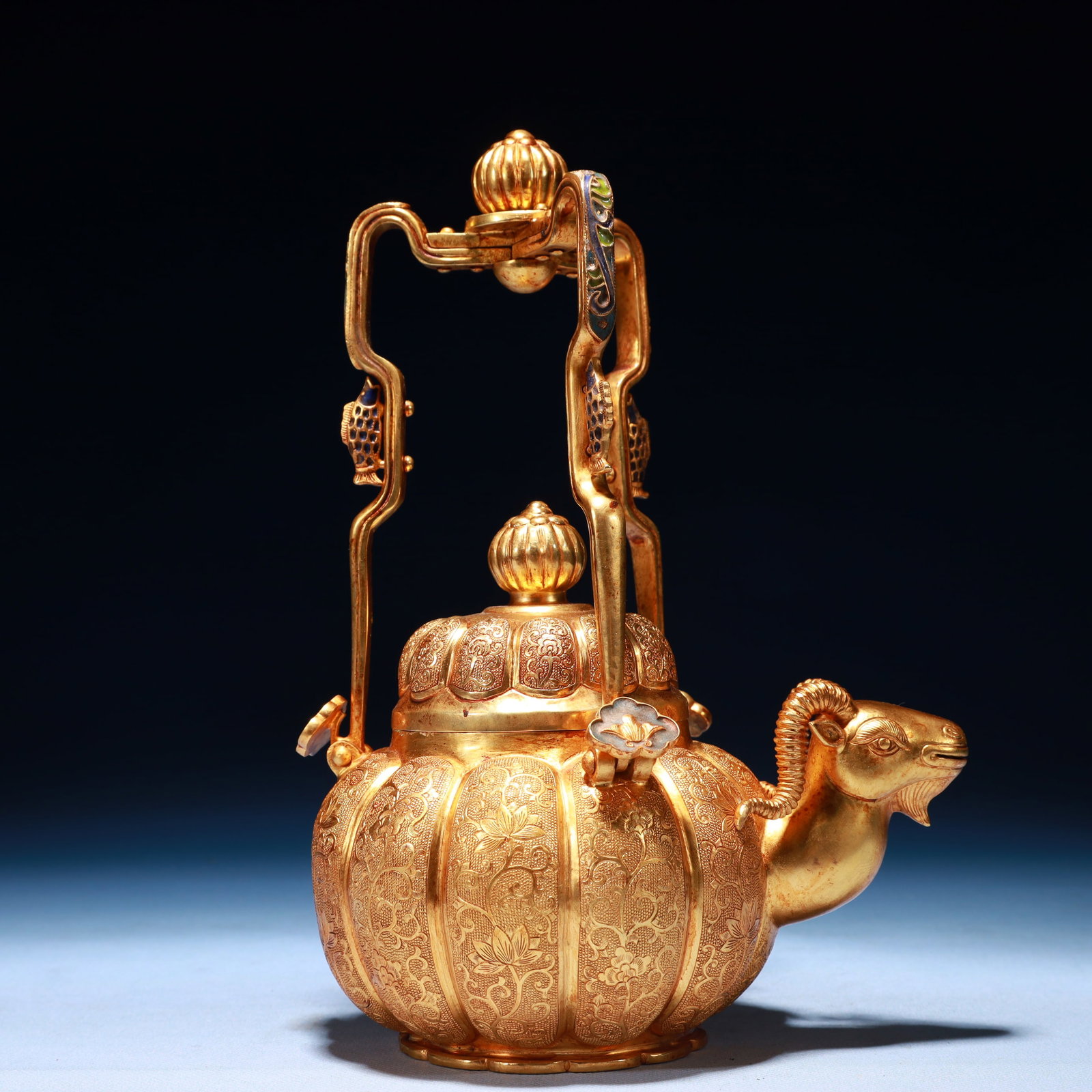 An Exquisite Gilt Bronze Flower Pattern Pumpkin-Shaped Loop-Handled Pot: An Exquisite Gilt Bronze Flower Pattern Pumpkin-Shaped Loop-Handled Pot,Qing Dynasty,China,Qianlong Four-character Mark,Size:6.7inx4.7inx9.8in,Weight:950g 