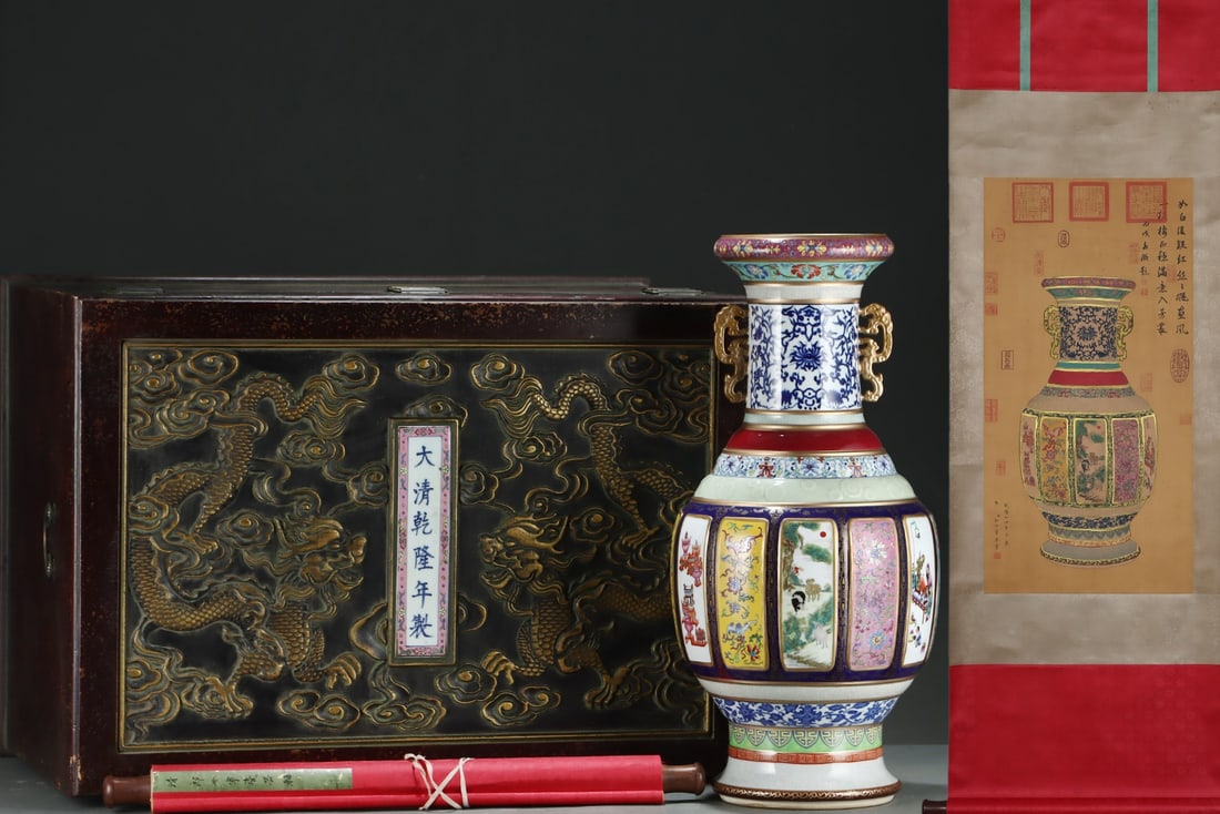 A Huge Enamel Gilt Flower Pattern Double-Ears Vase,with Chinese Vertical Scroll Ink Painting on Silk: A Huge Enamel Gilt Flower Pattern Double-Ears Vase,with Chinese Vertical Scroll Ink Painting on Silk,Qing Dynasty,China,Qianlong Six-character Mark,Size:(Without frame)32.1inx16.1in,(Porcelain)24.4inx