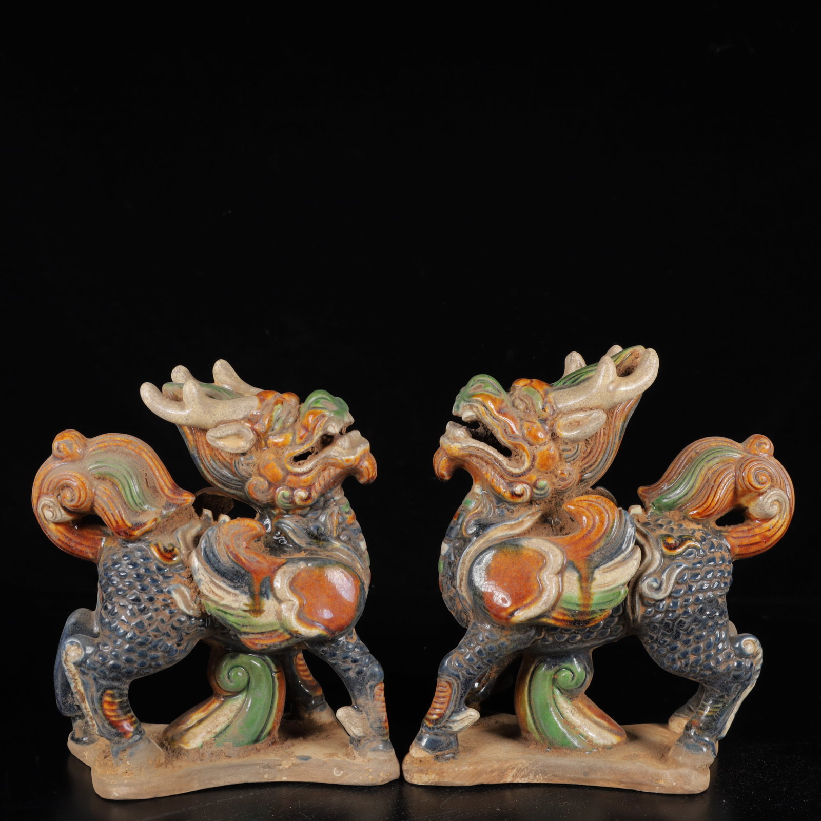 A Pair of Exquisite Tang Tri-Color Glazed Pottery Kylin Ornaments (1 of 9)