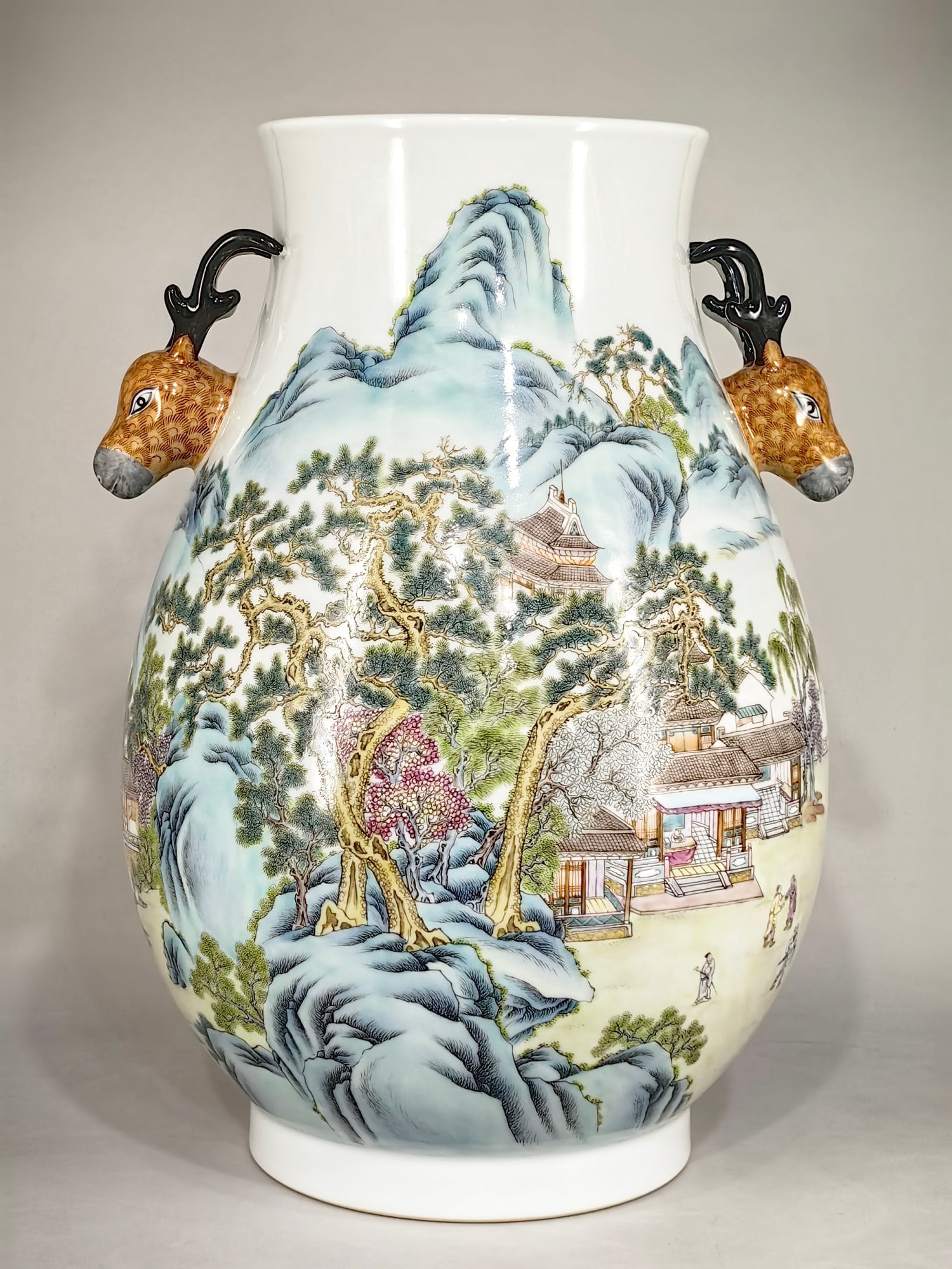 A Rare Famille-Rose Landscape and Figure Pattern Deer-Ears Jar: A Rare Famille-Rose Landscape and Figure Pattern Deer-Ears Jar,Qing Dynasty,China,Qianlong Six-character Mark,Size:15.2inx10.6in 