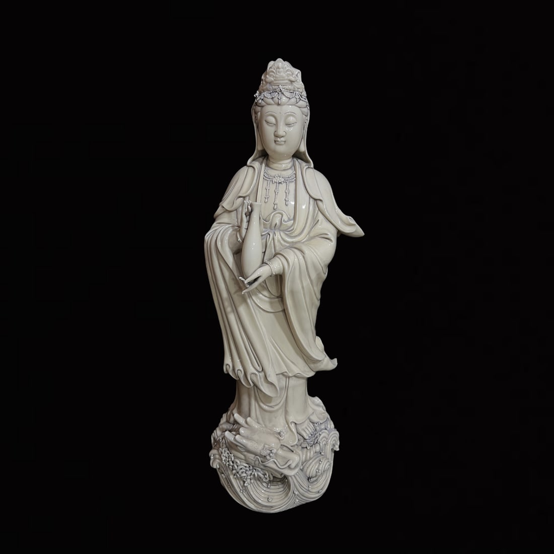 A Solemn Blance-De-Chine Statue of Avalokitesvara: A Solemn Blance-De-Chine Statue of Avalokitesvara,Ming Dynasty,China,He Chaozong Mark,Size:28.7in 德化瓷观音像,中国明代,何朝