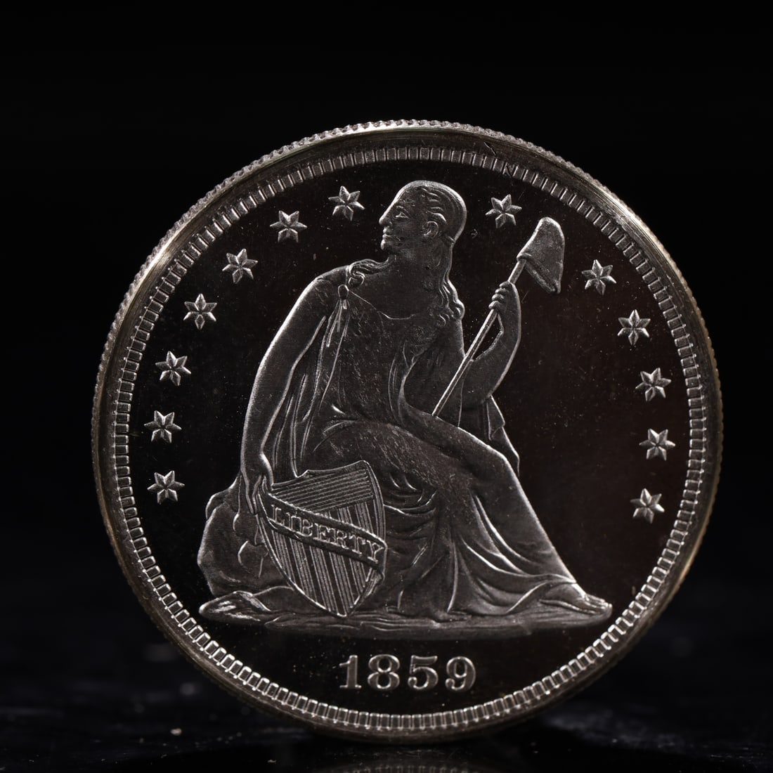 USA One Dollar 1859 Coin: American coin. IN GOD WE TRUST / LIBERTY / 1859 / UNITED STATES OF AMERICA / ONE DOL. Mint Mark: O.Weight:26.9g.