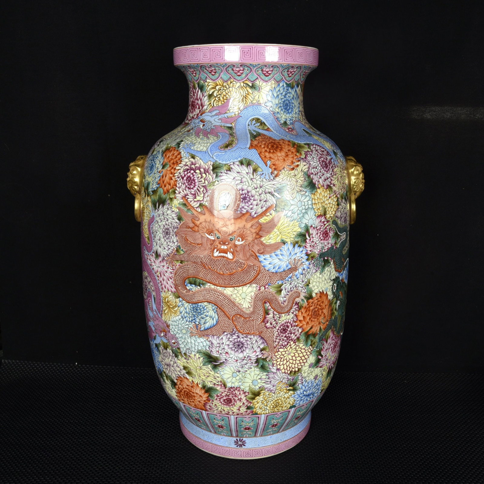 A Huge Enamel Gilt Flower and Dragon Pattern Beast-Ears Vase (1 of 9)
