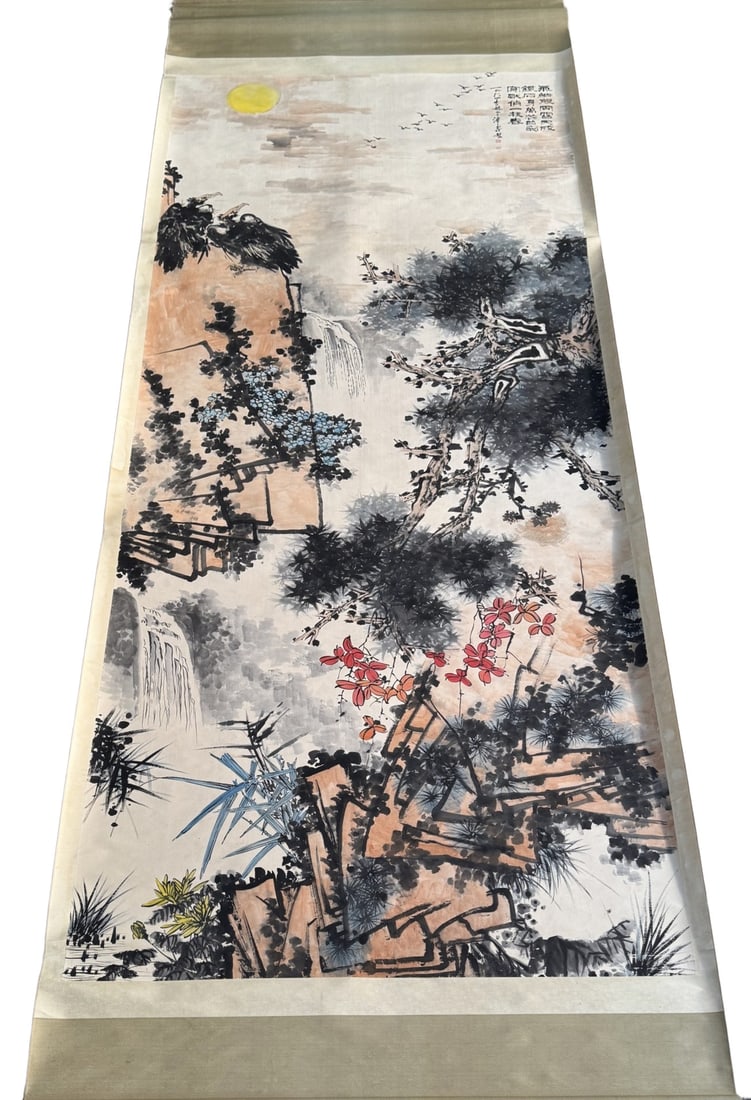 A Chinese Vertical Scroll Ink Painting of Landscape on Paper (1 of 12)