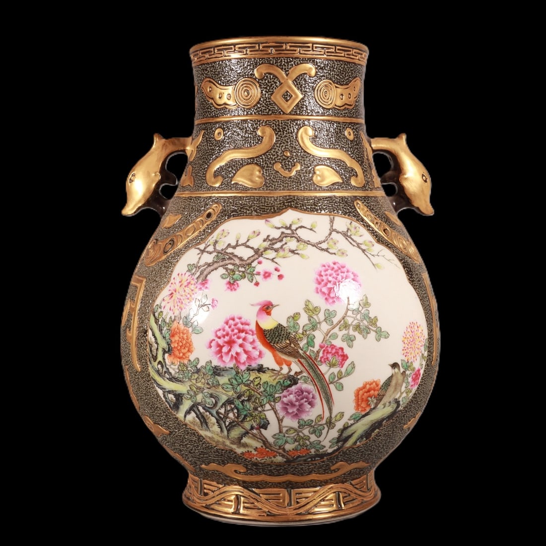 An Exquisite Enamel Ugyen Glazed Painted Gold Flower and Bird Pattern Deer-Ears Vase: An Exquisite Enamel Ugyen Glazed Painted Gold Flower and Bird Pattern Deer-Ears Vase,Qing Dynasty,China,Qianlong Six-character Mark,Size:10.9inx7.5in 珐琅彩乌金釉&#