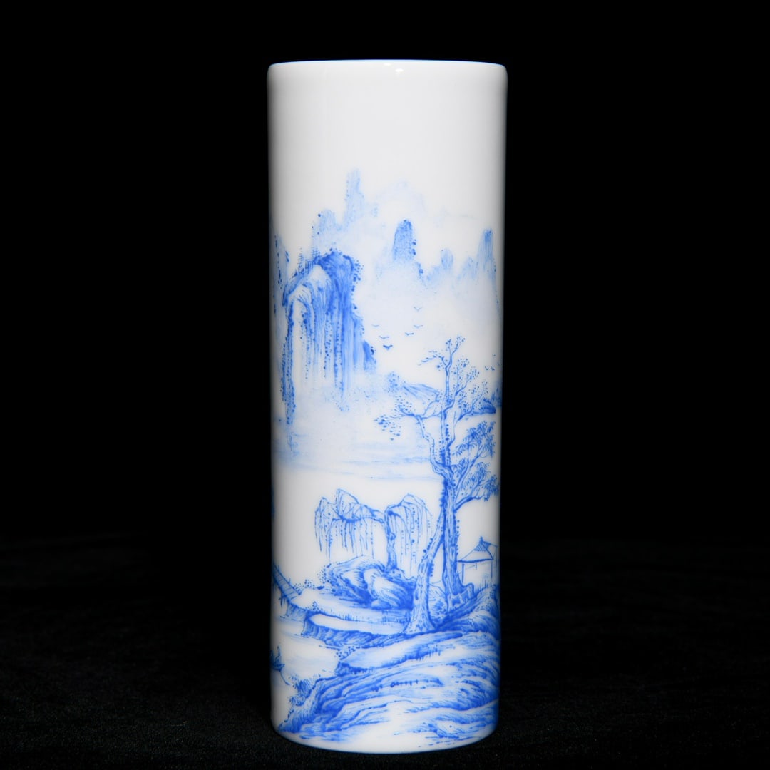An Exquisite Sapphire Blue Glazed Landscape Pattern Incense Tube,with poem: An Exquisite Sapphire Blue Glazed Landscape Pattern Incense Tube,with poem,Qing Dynasty,China,Qianlong Four-character Mark,Size:5.6inx2in 宝石蓝釉山水纹ཛྷ