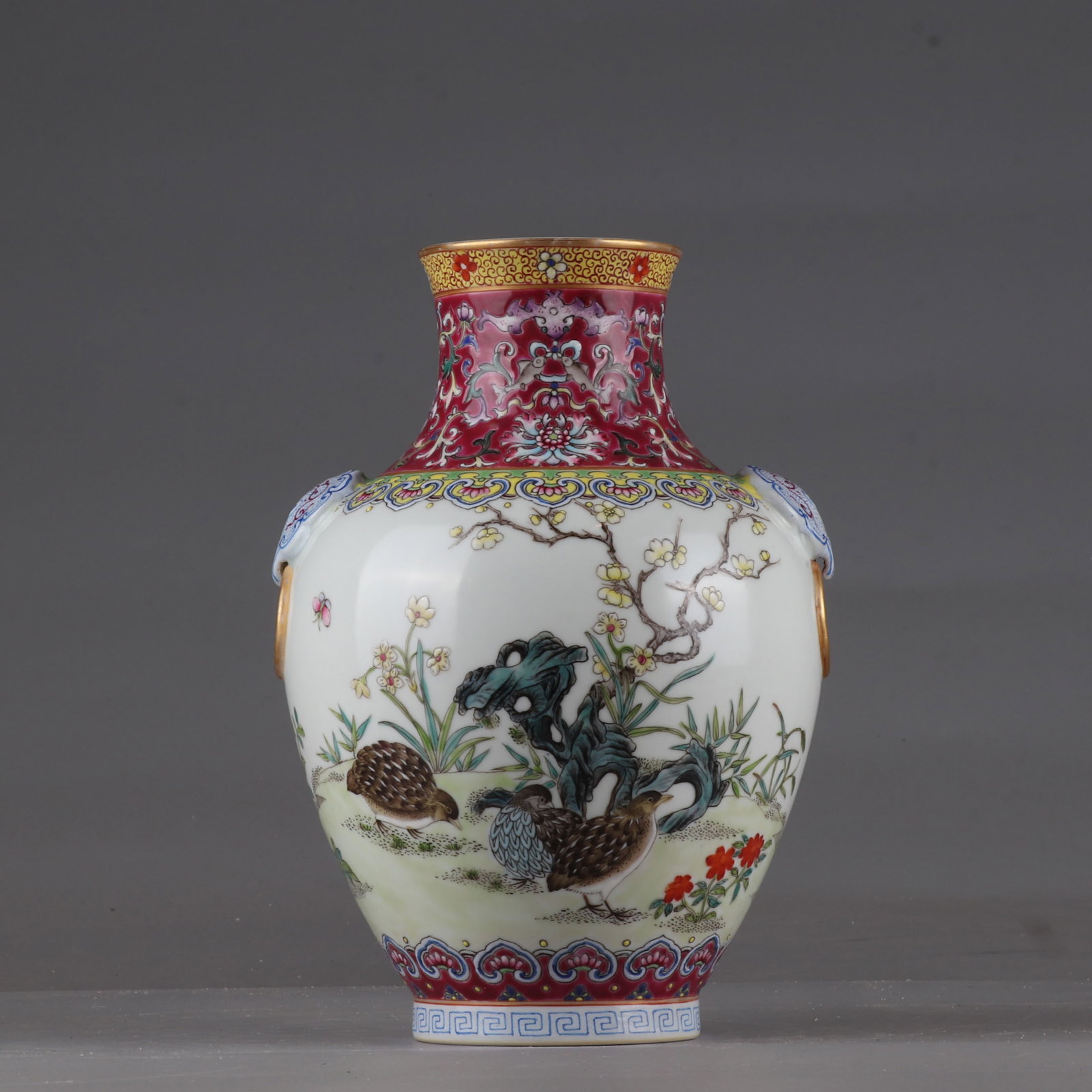 An Exquisite Famille-Rose Flower and Bird Pattern Beast-Ears Vase (1 of 9)
