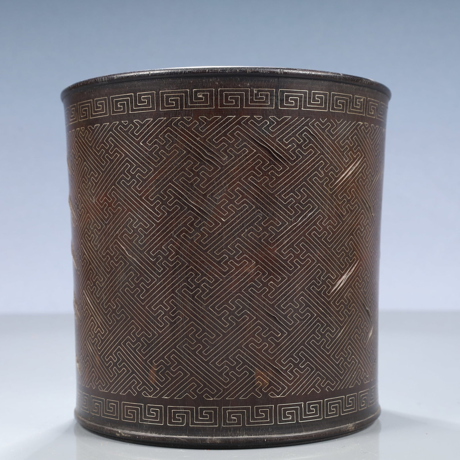 An Exquisite Zitanwood Inlaid Silver Wire Brush Pot (1 of 7)