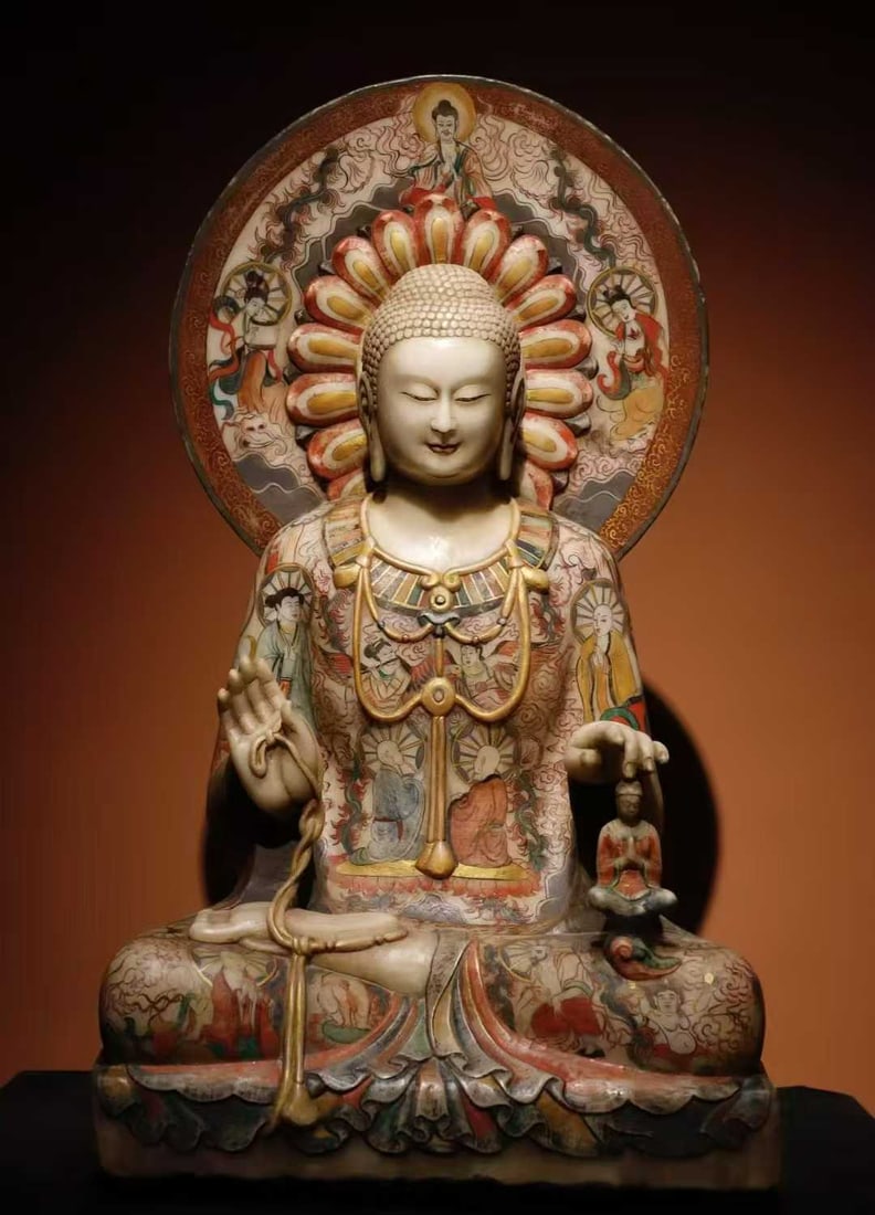 A Solemn Marble Painted Color Statue of Sakyamuni (1 of 9)