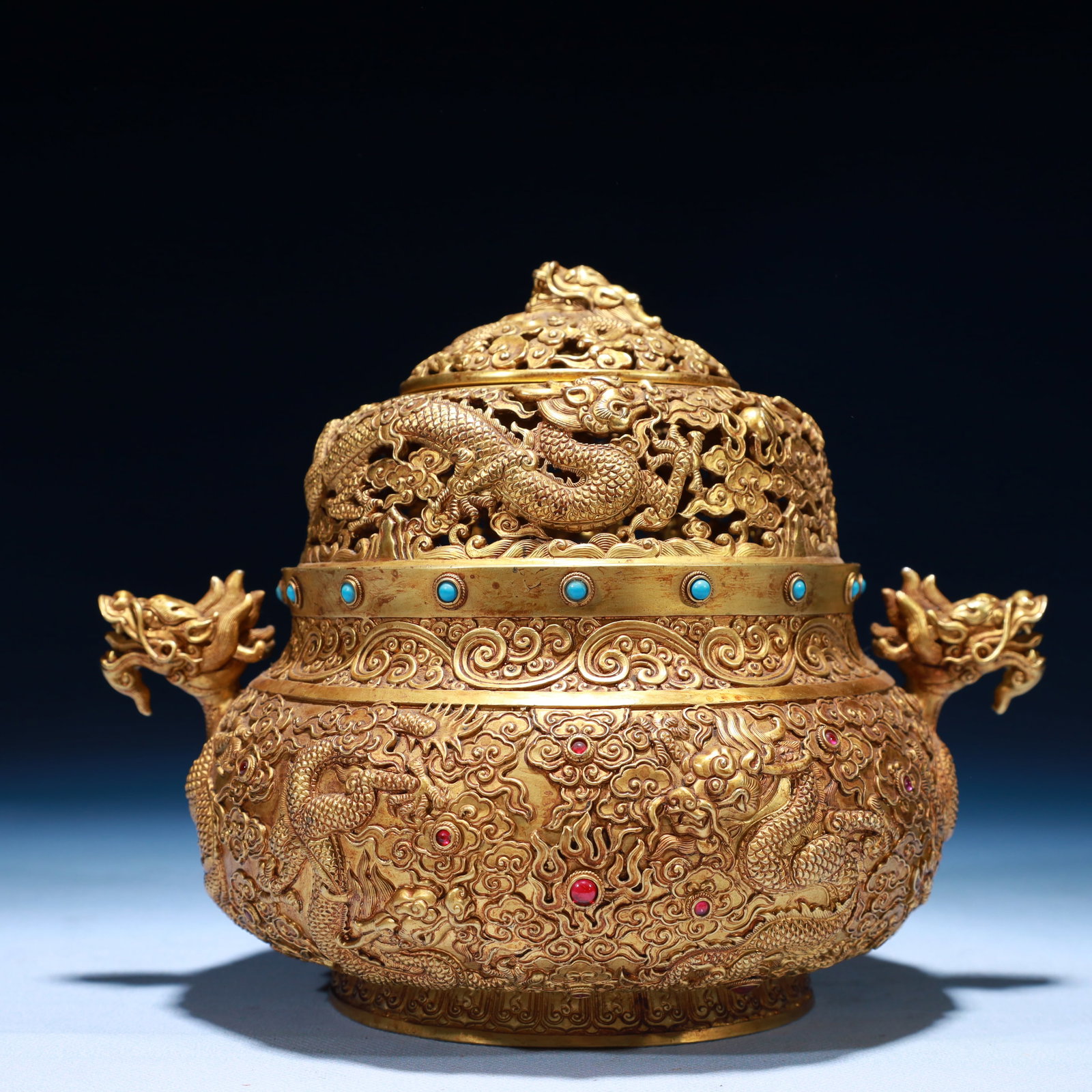 An Exquisite Gilt Bronze Dragon Pattern Double-Ears Censer,Inlaid Turquoise: An Exquisite Gilt Bronze Dragon Pattern Double-Ears Censer,Inlaid Turquoise,Qing Dynasty,China,Size:8.7inx6.3inx7.1in,Weight:1650g 铜鎏金龙纹双耳香Ġ