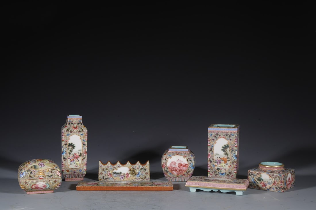 A Set of Fine Enamel Character and Story Pattern Ornaments: A Set of Fine Enamel Character and Story Pattern Ornaments,Qing Dynasty,China,Qianlong Four-character Mark,Size:(Box)5.5.cmx2.8in,(Paper Weight)7.1inx1.8in,(Table)4.3inx2.2in,(Brush Pot)4.3inx2.4in,(B