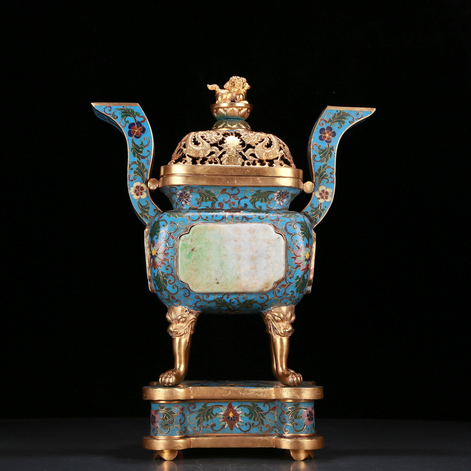A precious cloisonne inlaid white jade censer with double ears and four legs with dragon pattern,: A precious cloisonné inlaid white jade censer with double ears and four legs with dragon pattern, with poems and prose, Qing Dynasty, China, Qianlong four-character mark, Size: 10.8inx5.5inx13.4i