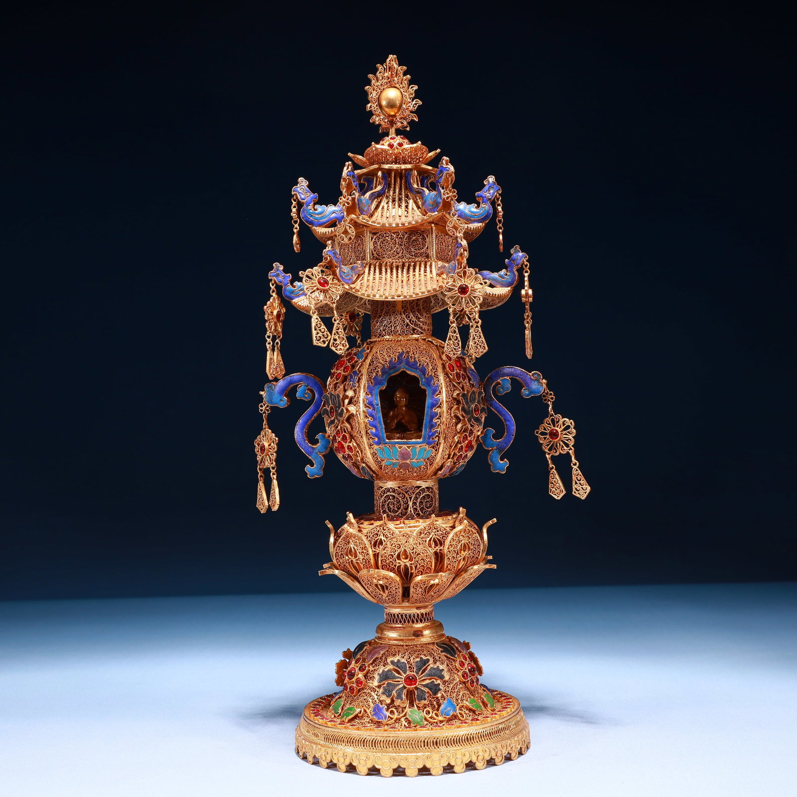 An Exquisite Filigree and Gilding Lotus Pattern Pagoda,with Buddha Statue,Inlaid Gems (1 of 11)