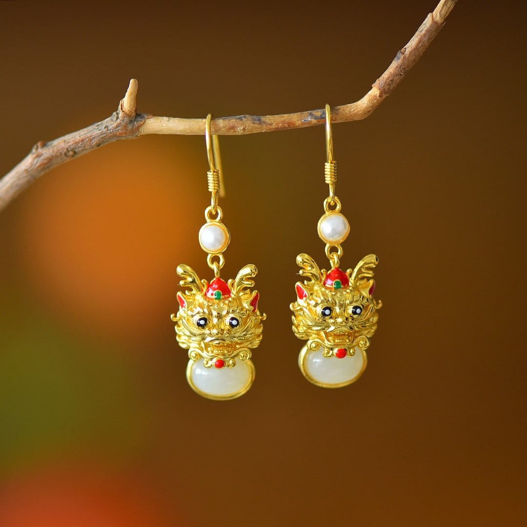 A Pair of Exquisite Sterling Silver-Gold Plated Inlaid White Jade Earrings,Inlaid Pearl: A Pair of Exquisite Sterling Silver-Gold Plated Inlaid White Jade Earrings,Inlaid Pearl,Size:0.2inx0.3in 一对纯银镀金镶白玉耳环,॔