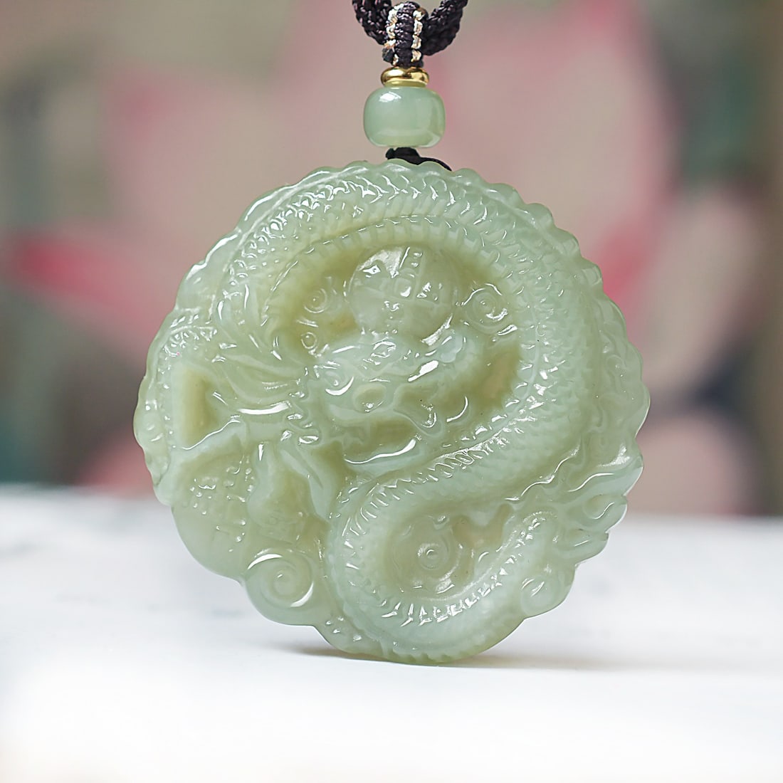 An Exquisite Greenish Jade Dragon Pattern Pendant: An Exquisite Greenish Jade Dragon Pattern Pendant,Size:1.9inx1.9in 青玉龙纹挂件