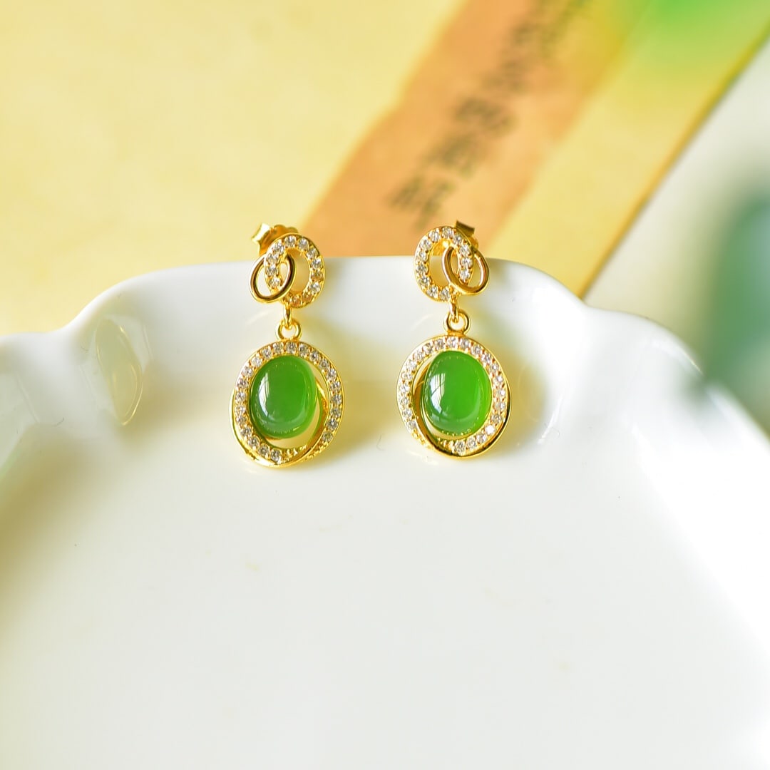 A Pair of Exquisite Sterling Silver-Gold Plated Inlaid Jasper Earrings,Inlaid Diamond: A Pair of Exquisite Sterling Silver-Gold Plated Inlaid Jasper Earrings,Inlaid Diamond,Size:0.4inx0.8in 