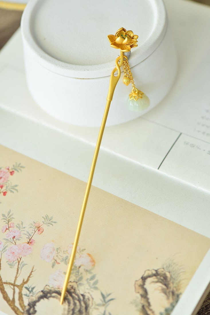 An Exquisite Sterling Silver-Gold Plated Inlaid White Jade Hairpin: An Exquisite Sterling Silver-Gold Plated Inlaid White Jade Hairpin,Size:0.6inx0.6in 纯银镀金镶白玉发簪