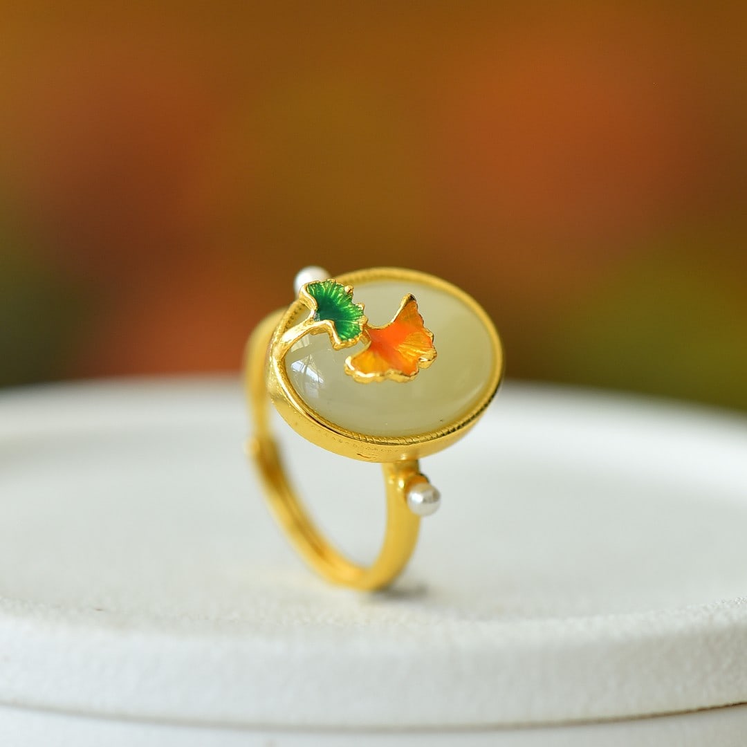 An Exquisite Sterling Silver-Gold Plated Inlaid White Jade Ring (1 of 5)