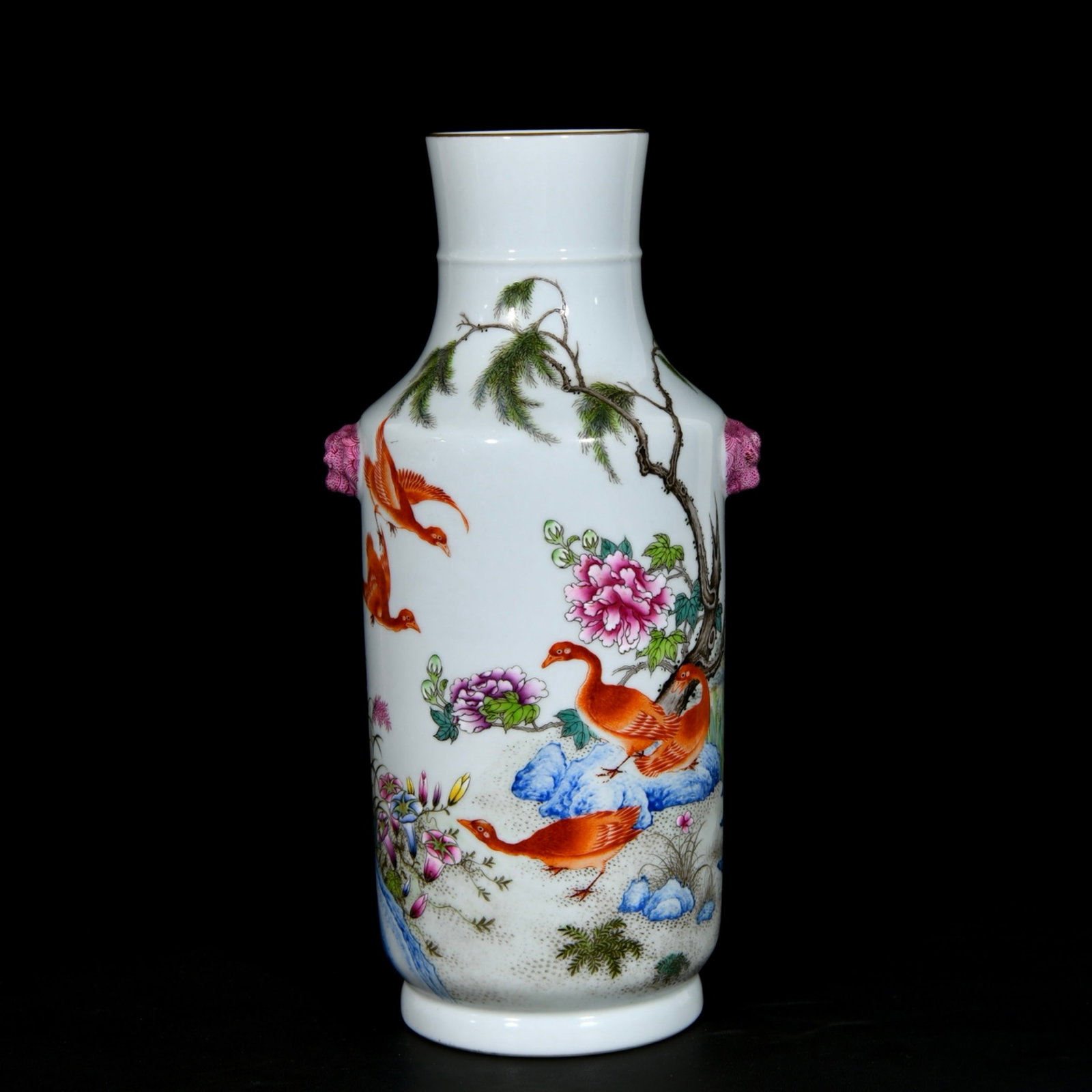 A Rare Famille-Rose Flower and Bird Pattern Beast-Ears Vase,With Poem: A Rare Famille-Rose Flower and Bird Pattern Beast-Ears Vase,With Poem,Qing Dynasty,China,Qianlong Six-character Mark,Size:13.4inx6.3in 