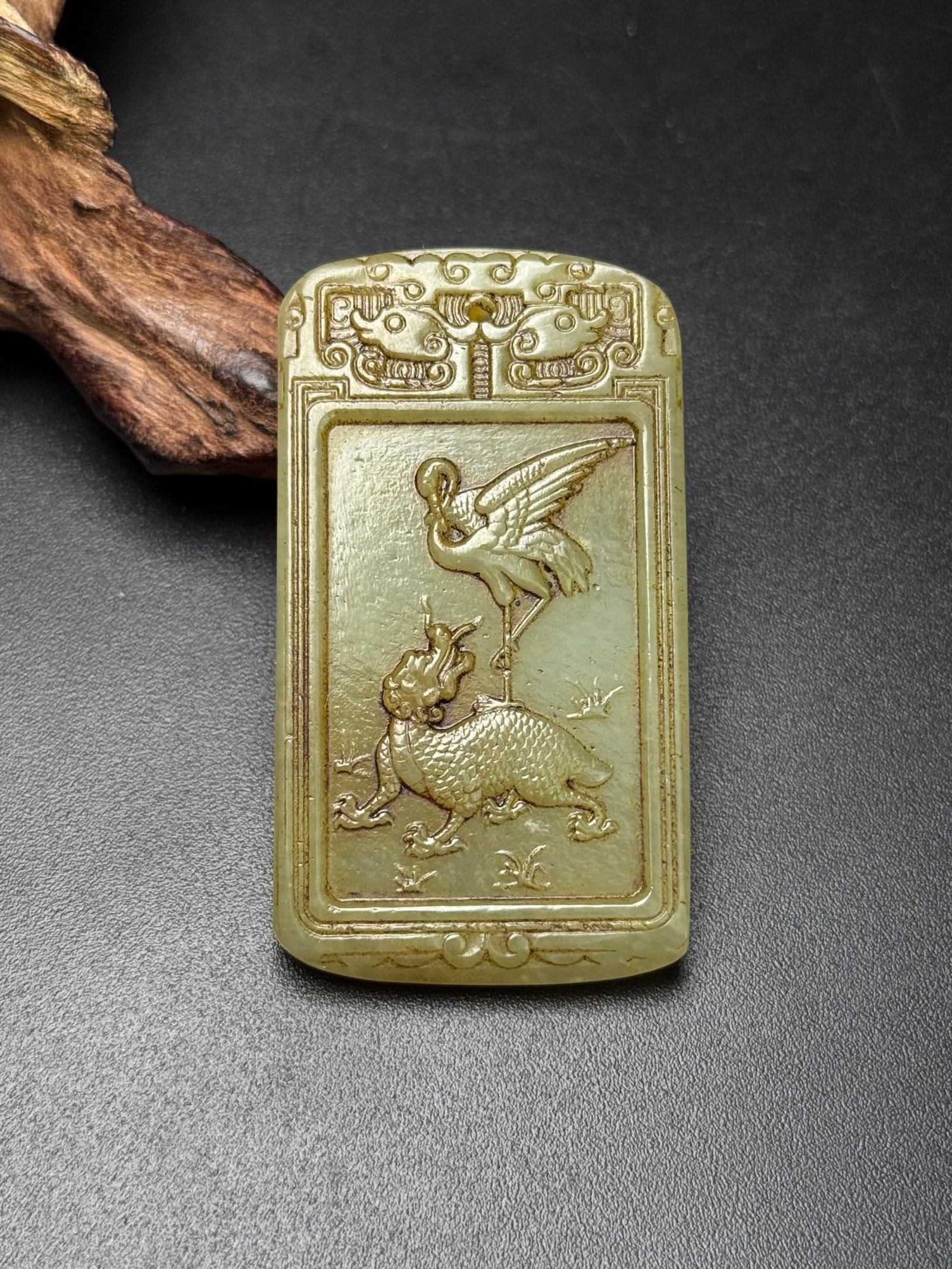 An Exquisite White Jade Turtle Crane Pattern Pendant,With Poem (1 of 7)