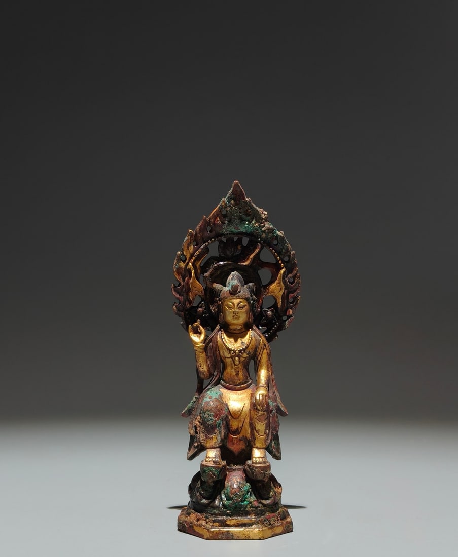 A Solemn Gilt Bronze Statue of Manjusri,With Inscription (1 of 9)
