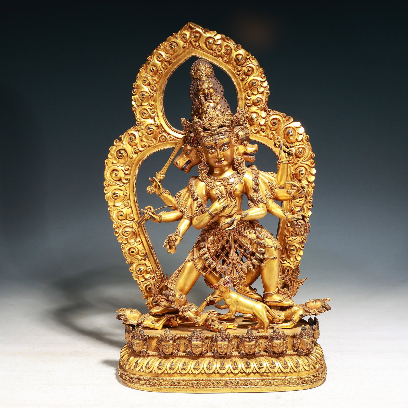 A Solemn Gilt Bronze Statue of Chakrasamvara,With Inscription: A Solemn Gilt Bronze Statue of Chakrasamvara,With Inscription,Ming Dynasty,China,Yongle Six-character Mark,Size:11.4inx4.7inx18.5in,Weight:9350g 