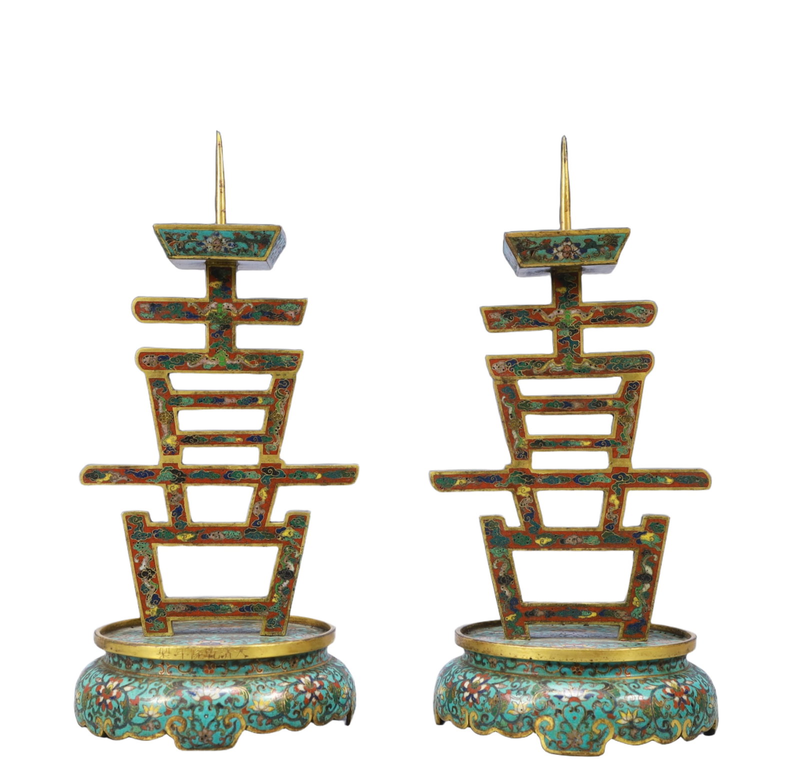 A Pair of Exquisite Cloisonne Auspicious Cloud Pattern Xi-Character Candlesticks: A Pair of Exquisite Cloisonne Auspicious Cloud Pattern Xi-Character Candlesticks ,Qing Dynasty, China,Size：5.1inx11in; Weight：2700g 