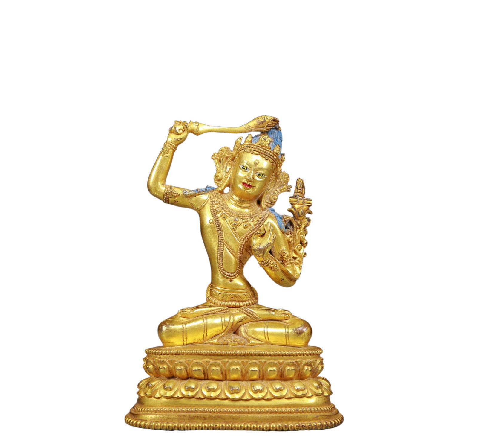 A Solemn Gilt Bronze Statue of Manjusri: A Solemn Gilt Bronze Statue of Manjusri,Ming Dynasty, China,Size:4.3inx3.1inx6.7in,Weight:995g 铜鎏金文殊菩萨像，明代