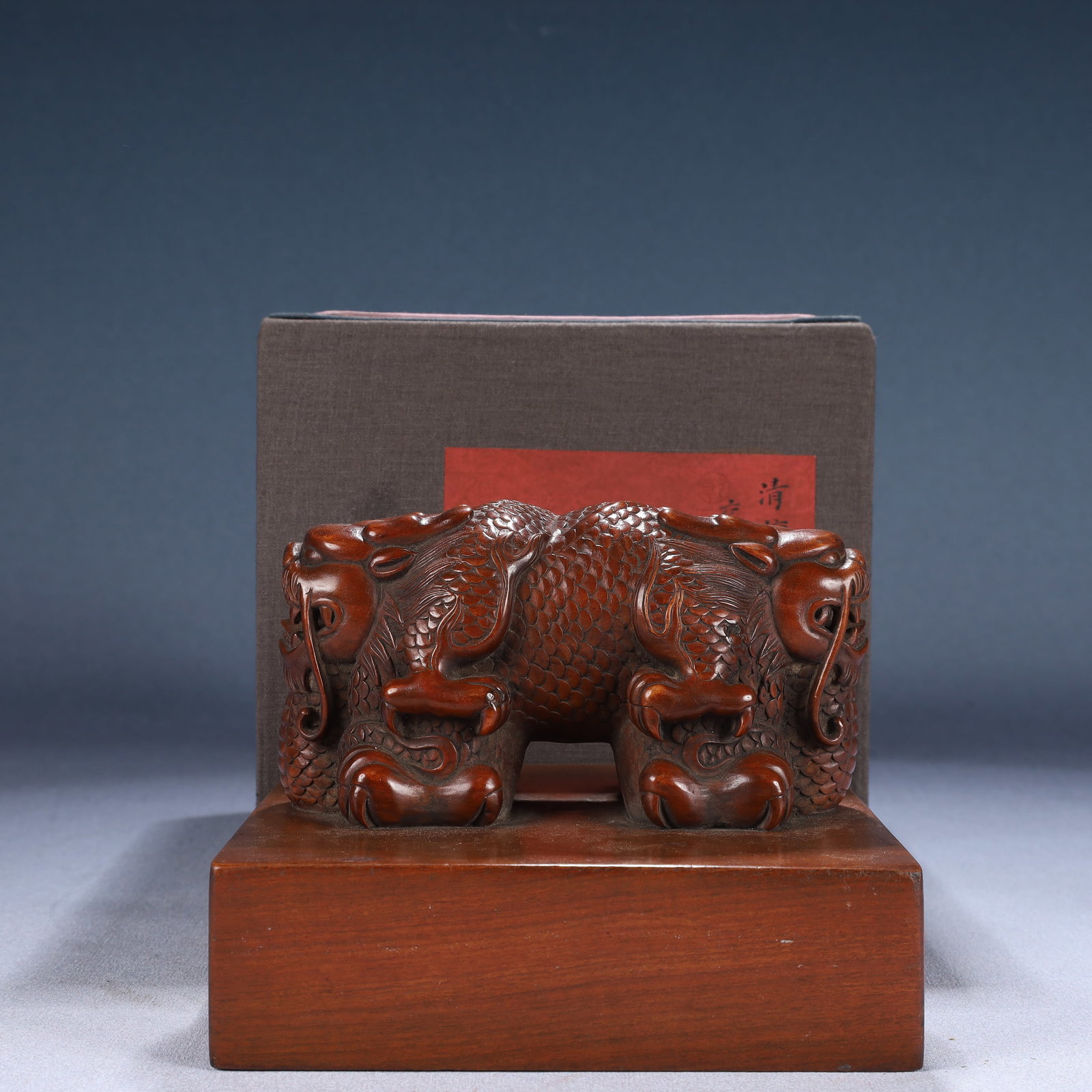An Exquisite Boxwood Auspicious Beast Pattern Seal: An Exquisite Boxwood Auspicious Beast Pattern Seal,Qing Dynasty, China,Size:5.7inx4.1in,(Box)7.1inx6.3in,Weight:1200g 黄杨木瑞兽纹印章,中国&