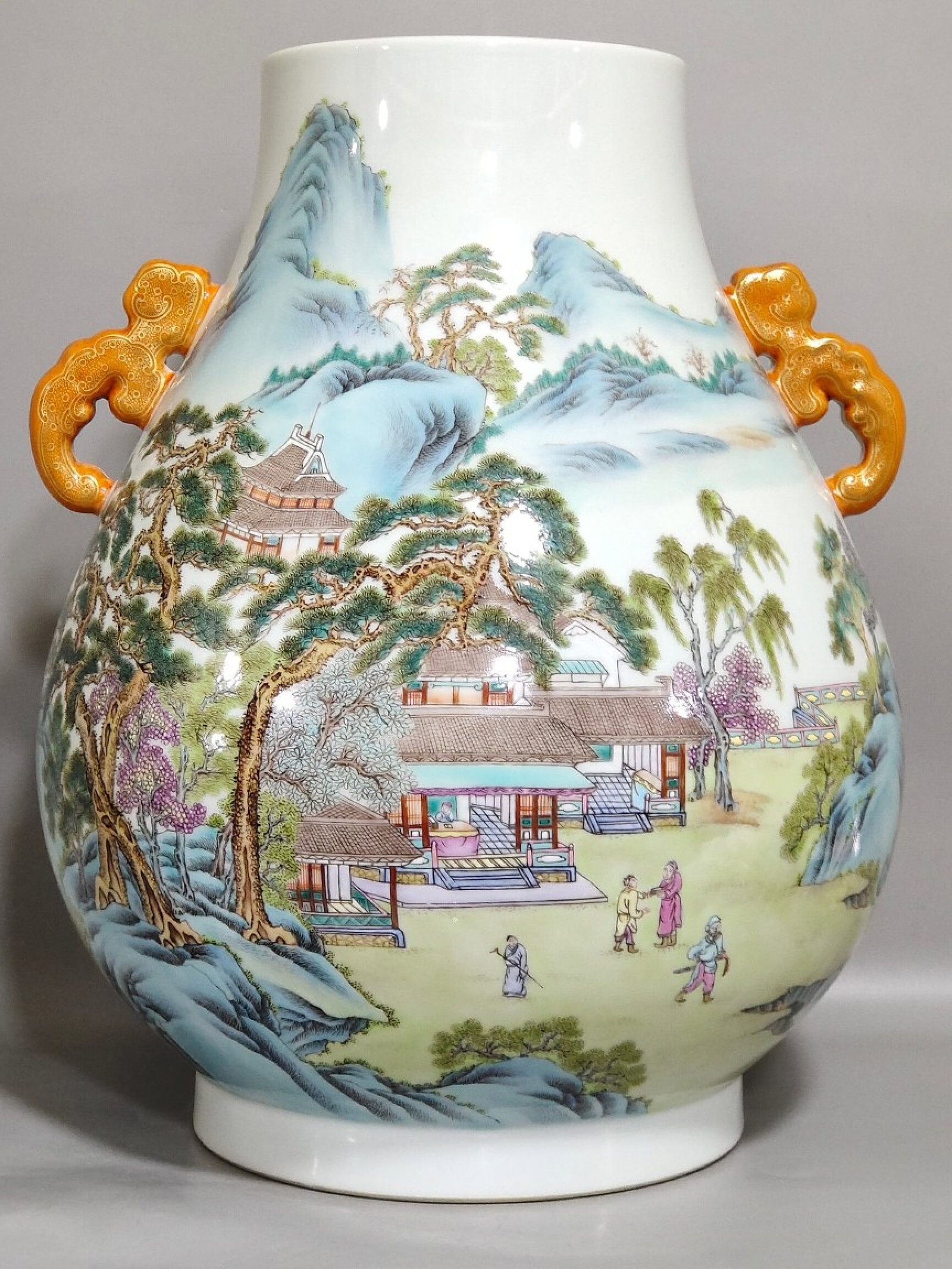 A Rare Famille-Rose Painted Gold Landscape and Figure Pattern Double-Ears Vase: A Rare Famille-Rose Painted Gold Landscape and Figure Pattern Double-Ears Vase,Qing Dynasty,China,Qianlong Six-character Mark,Size:13.6inx10.2in 粉彩描金山水人