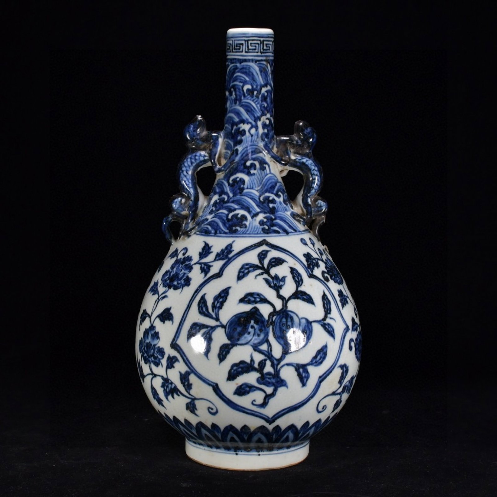 A Rare Blue and White Seawater Flower and Fruit Pattern Dragon-Ears Vase (1 of 9)