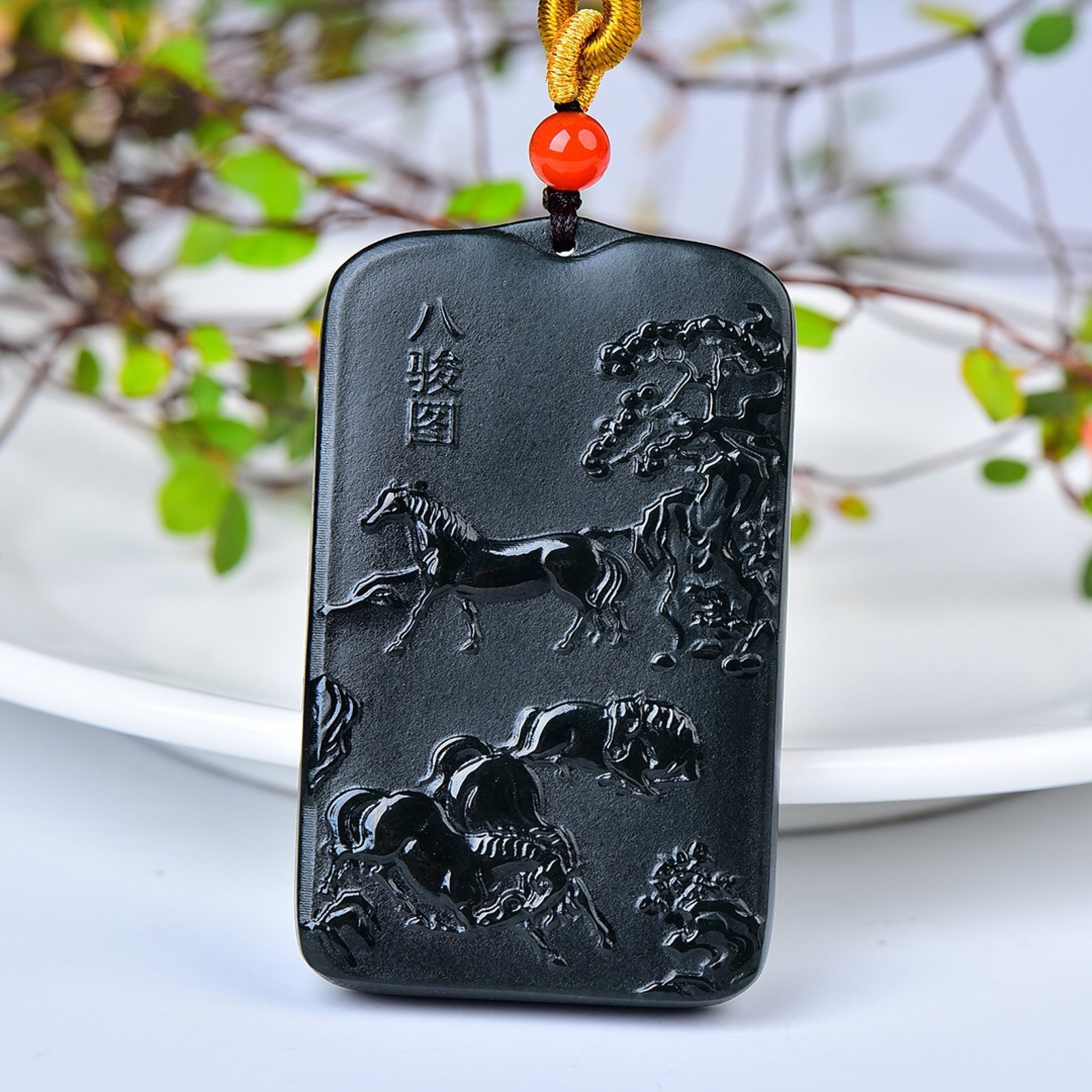 An Exquisite Sapphire Horse Pattern Pendant: An Exquisite Sapphire Horse Pattern Pendant,Size:61mmx38mmx9mm 青玉马纹吊坠