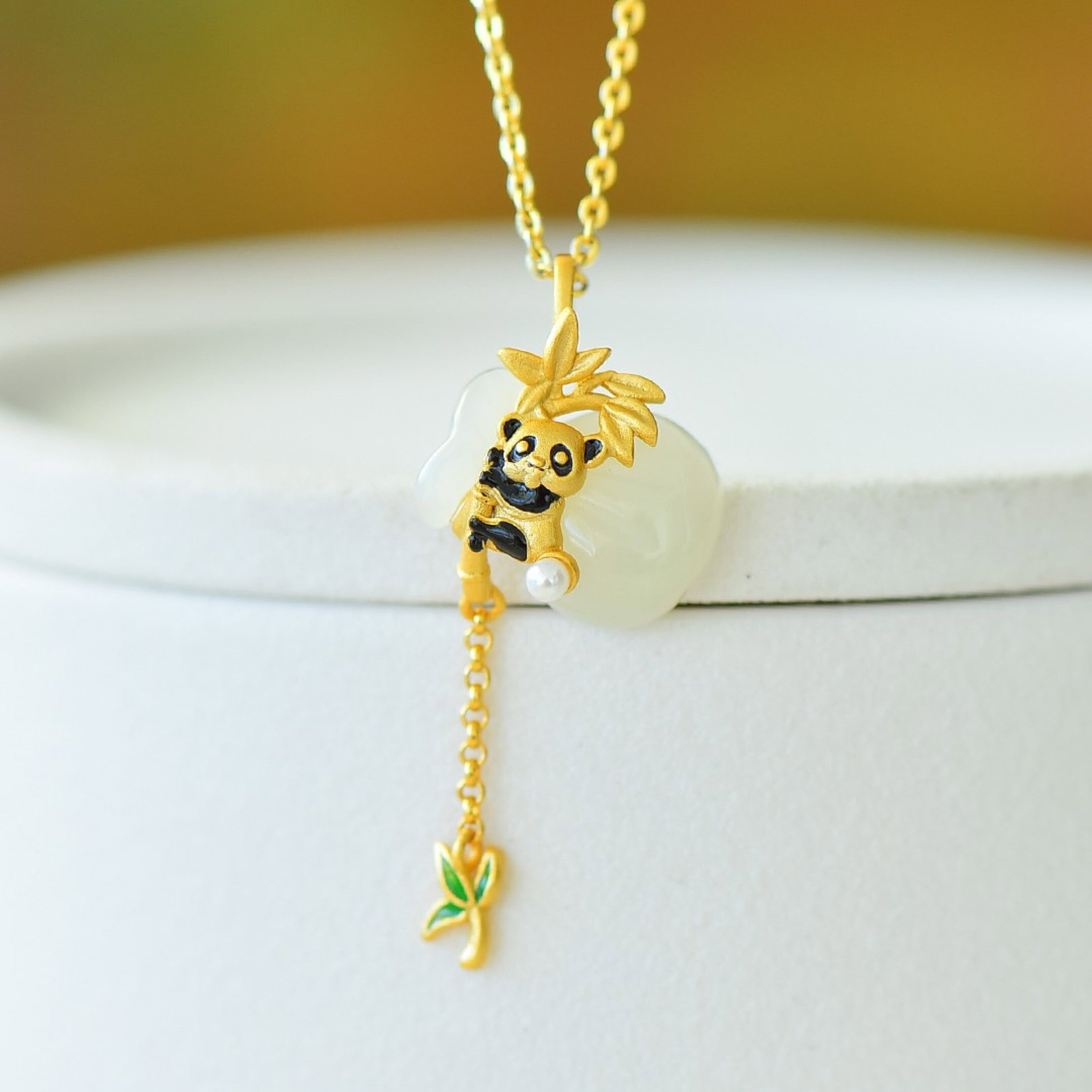 An Exquisite Sterling Silver-Gold Plated Inlaid White Jade Enamel Pendant: An Exquisite Sterling Silver-Gold Plated Inlaid White Jade Enamel Pendant 纯银镀金镶白玉珐琅吊坠