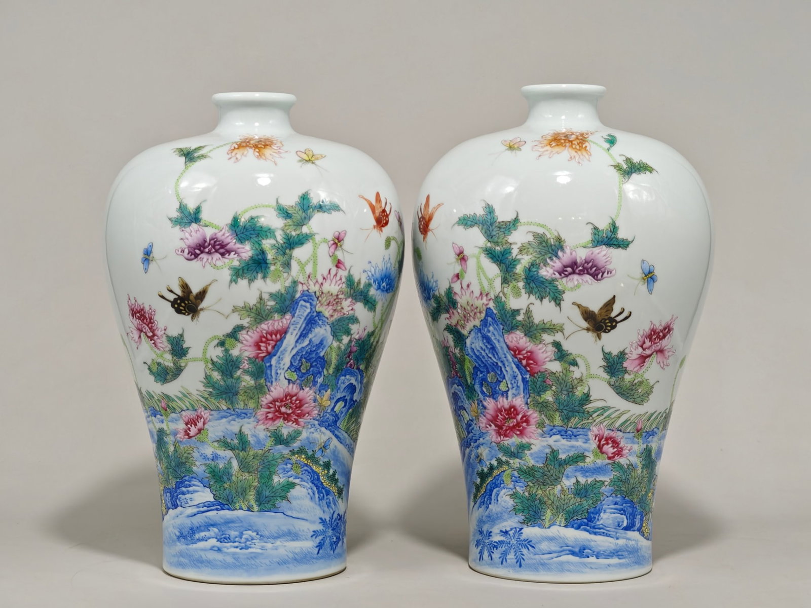 A Pair of Rare Enamel Flower and Butterfly Pattern Vases,With Poem: A Pair of Rare Enamel Flower and Butterfly Pattern Vases,With Poem,Qing Dynasty,China,Yongzheng Six-character Mark,Size:12.6inx7.9in 一对珐琅彩花卉蝴