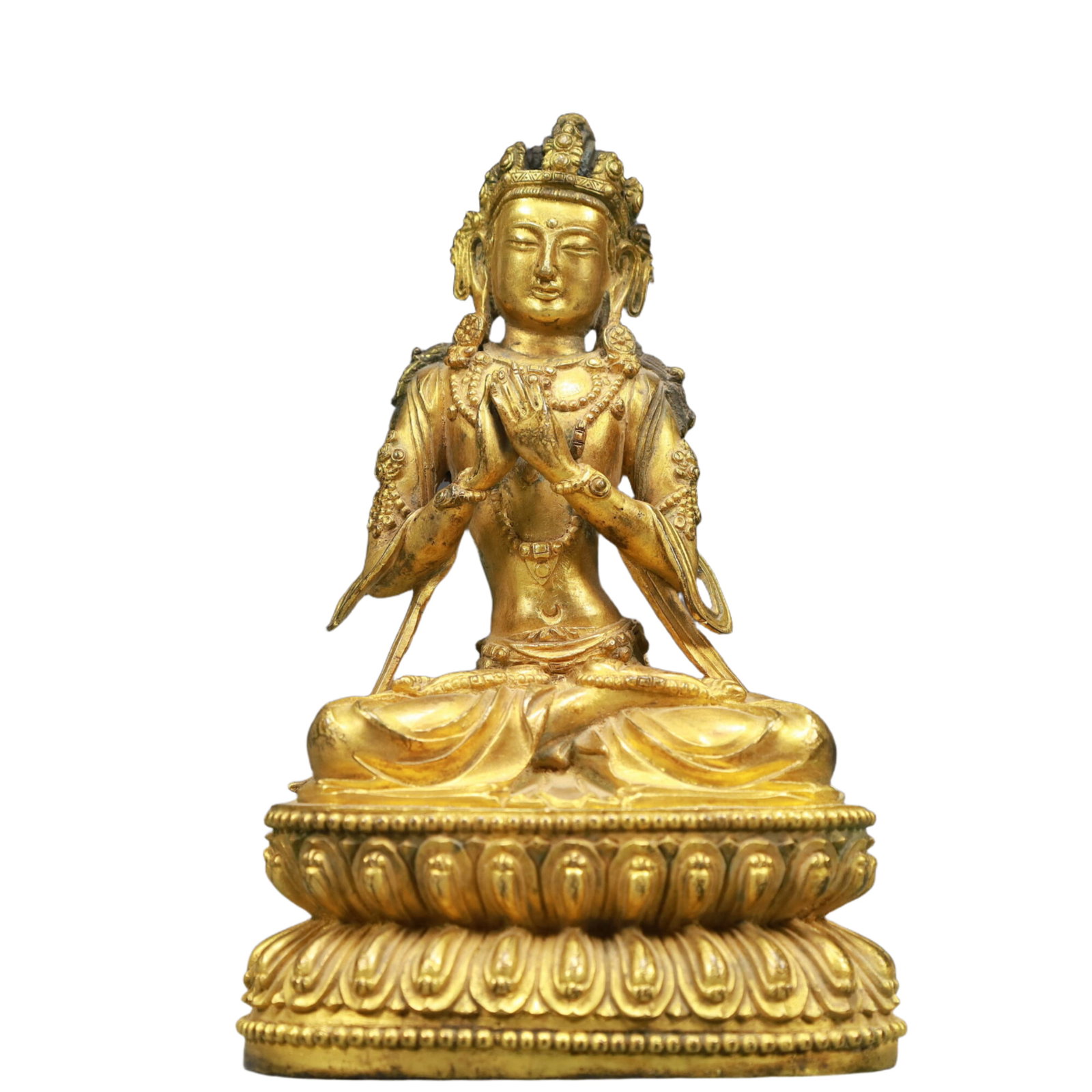 A Solemn Gilt Bronze Statue of Gautama’s Mother: A Solemn Gilt Bronze Statue of Gautama’s Mother,Ming Dynasty, China,Yongle Six-character Mark,Size:4.3inx3.1inx7.1in Weight:1200g 铜鎏金佛母像,中国