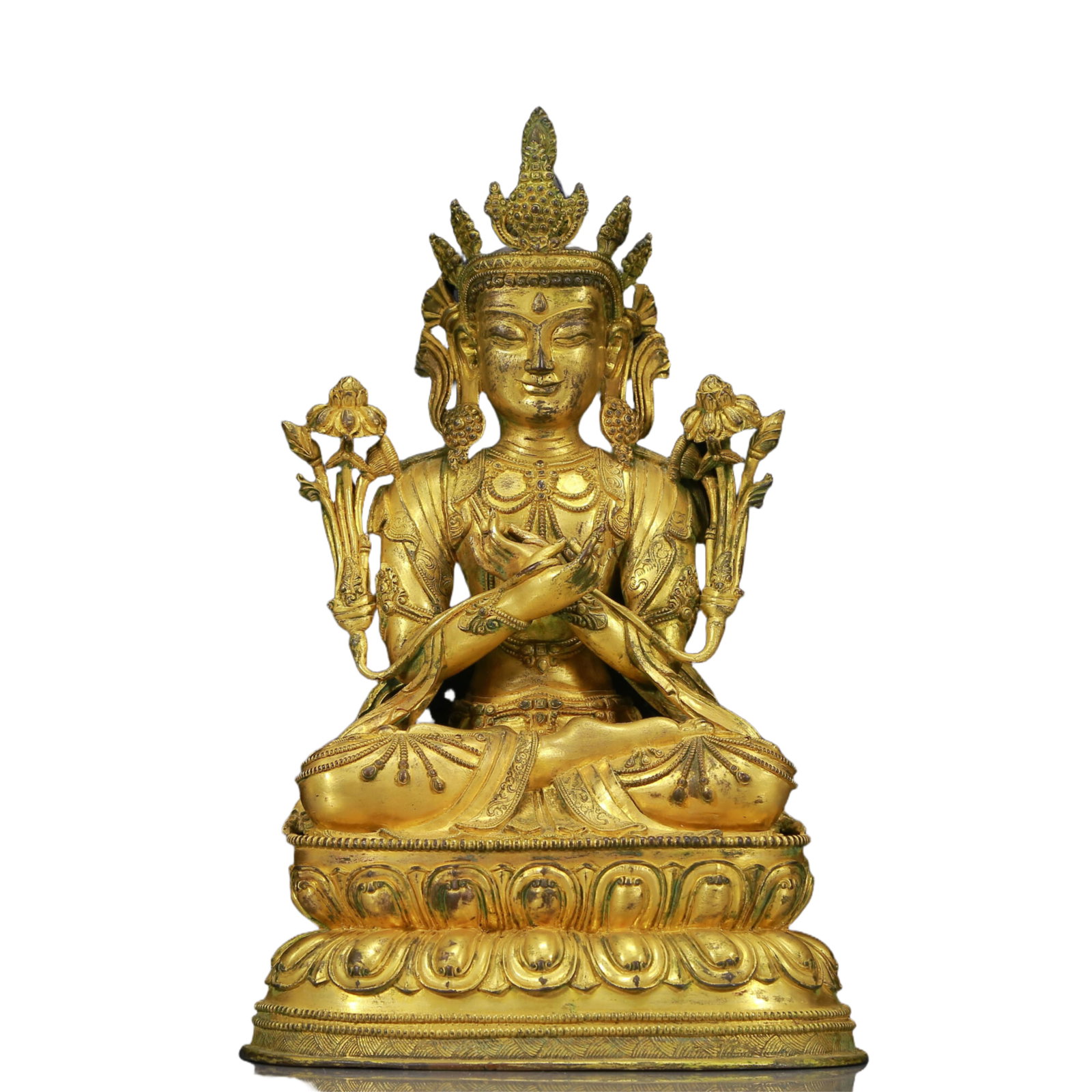 A Solemn Gilt Bronze Statue of Avalokitesvara: A Solemn Gilt Bronze Statue of Avalokitesvara,Ming Dynasty, China,Size: 7.9inx5.9inx12.6in,Weight:4675g 铜鎏金观音像，明代
