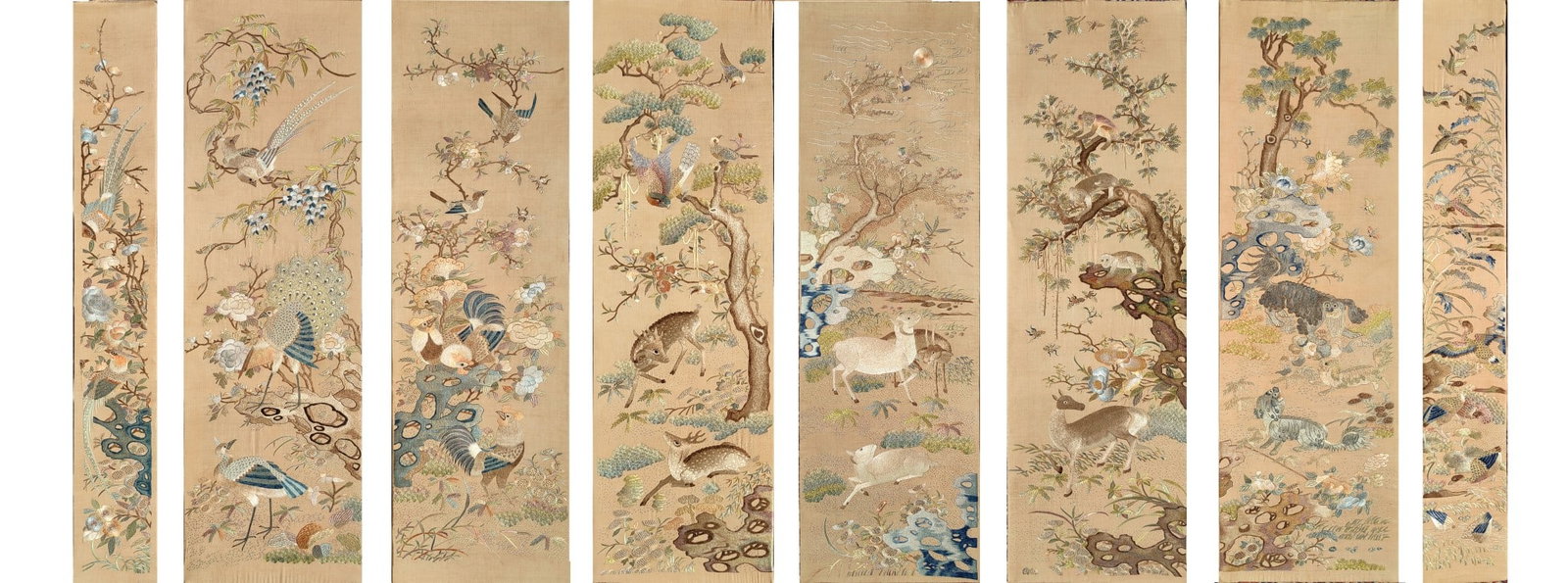 Cantonese embroidery with floral and auspicious animal patterns: Cantonese Embroidery with Floral and Animal Patterns in Qing Dynasty. Size: 33.9inx10.6in, 34.1inx4.9in 清代 粤绣花鸟图一组