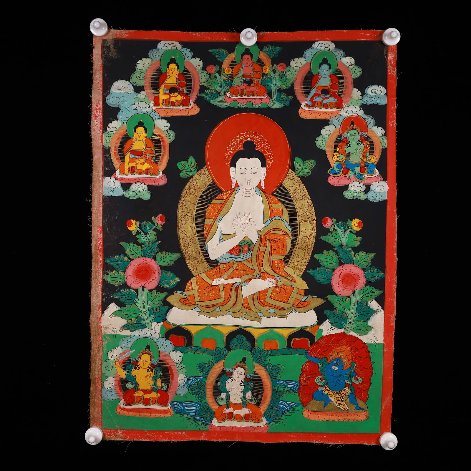 A Rare Painted Color Statue of Sakyamuni Tangka: A Rare Painted Color Statue of Sakyamuni Tangka,Qing Dynasty, China,Size:20.1inx27.2in 彩绘如来像唐卡,中国清代