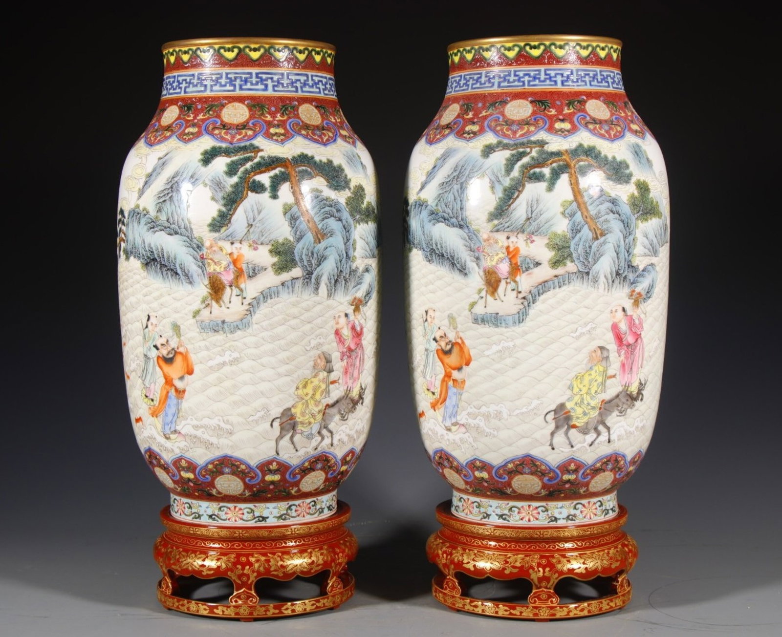 A Pair of Huge Enamel Painted Gold Landscape and Figure Pattern Vases,With Base: A Pair of Huge Enamel Painted Gold Landscape and Figure Pattern Vases,With Base, Qing Dynasty, China,Qianlong Six-character Mark,Size:18.5inx5.7inx6.5in 一对珐琅彩描